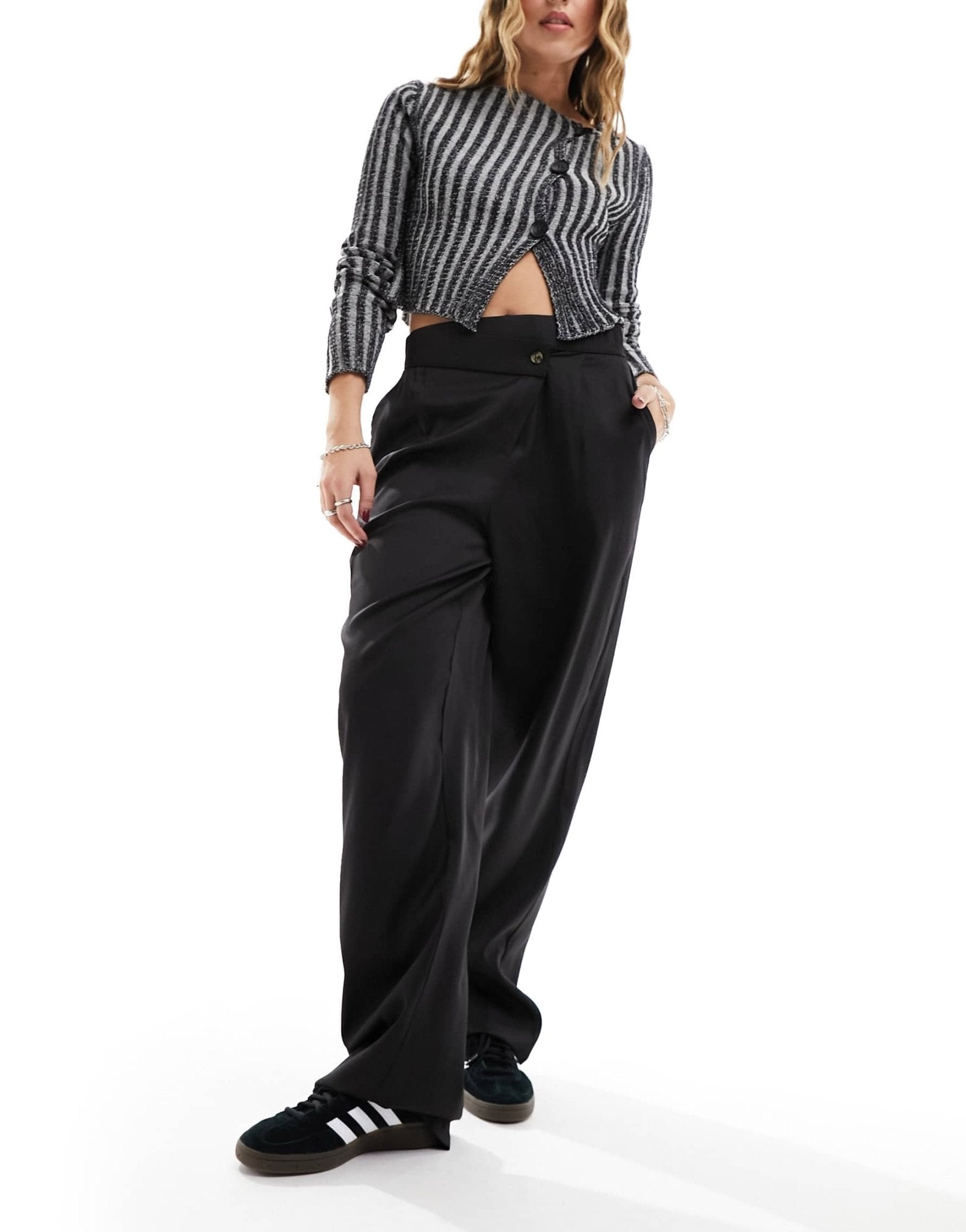 Noisy May high waisted wide leg asymmetric trouser in black - ASOS Sample Sale EU Store