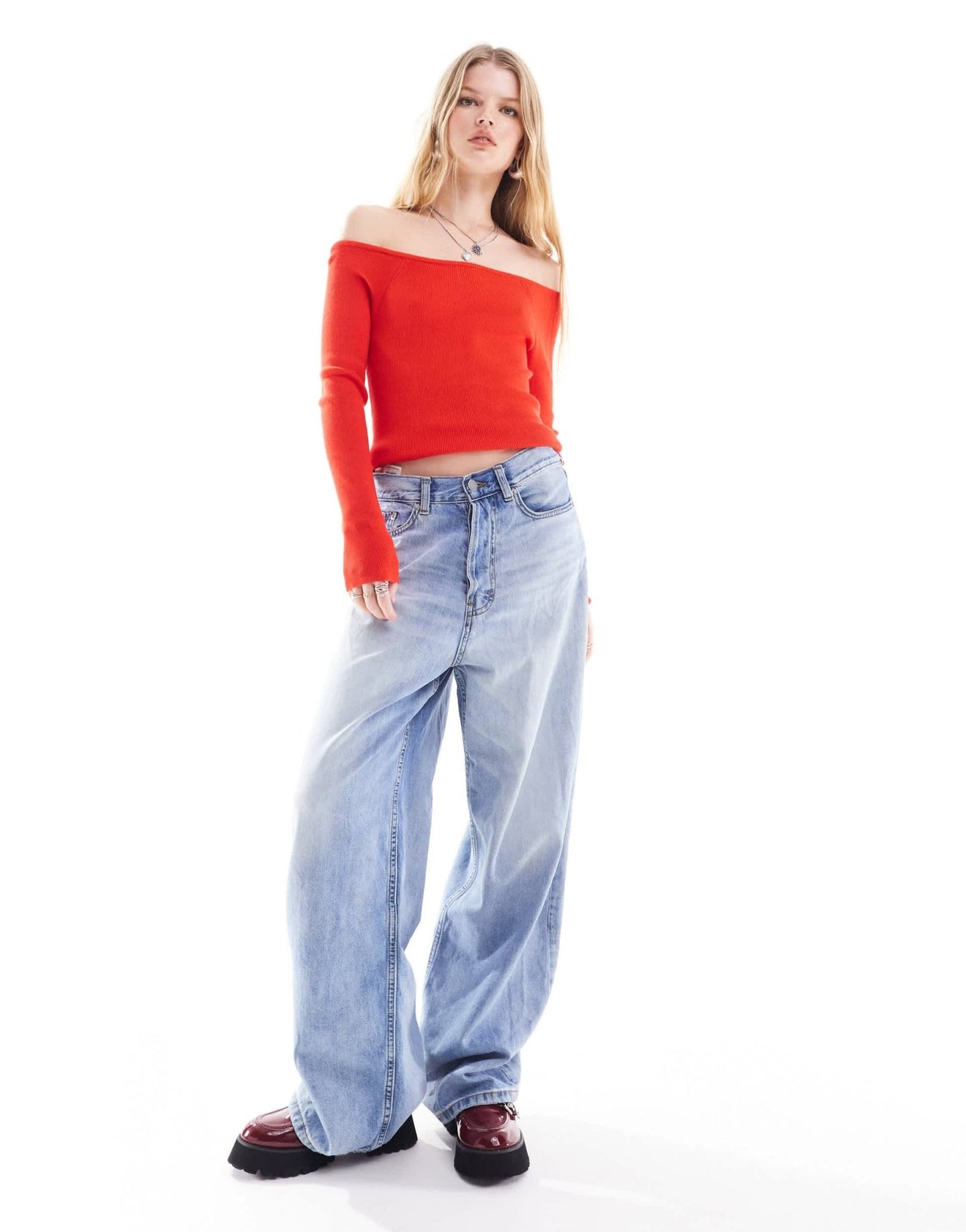 Noisy May off shoulder knitted long sleeve top in red - ASOS Sample Sale EU Store