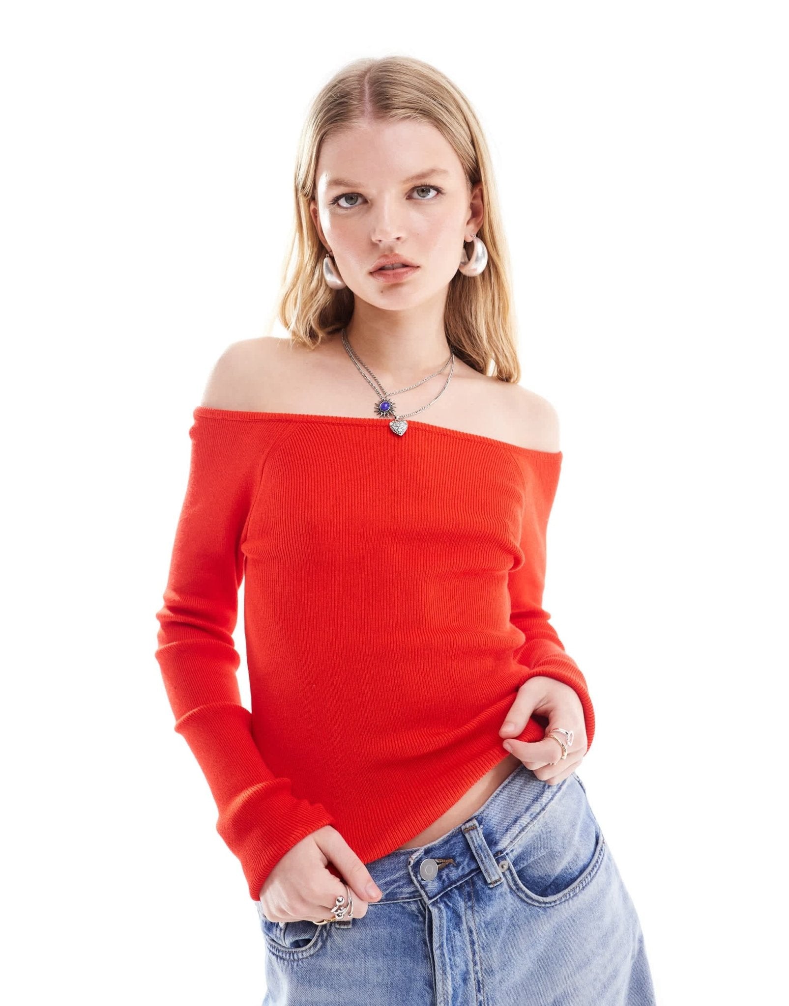 Noisy May off shoulder knitted long sleeve top in red - ASOS Sample Sale EU Store