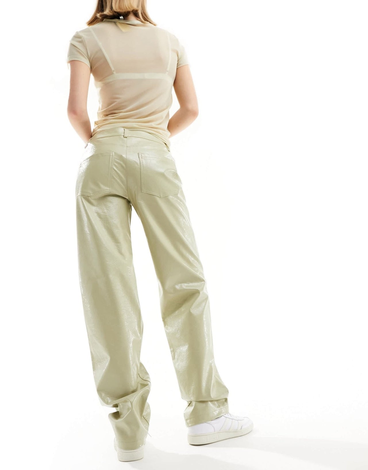 Noisy May wide leg faux leather trouser in light sage - ASOS Sample Sale EU Store