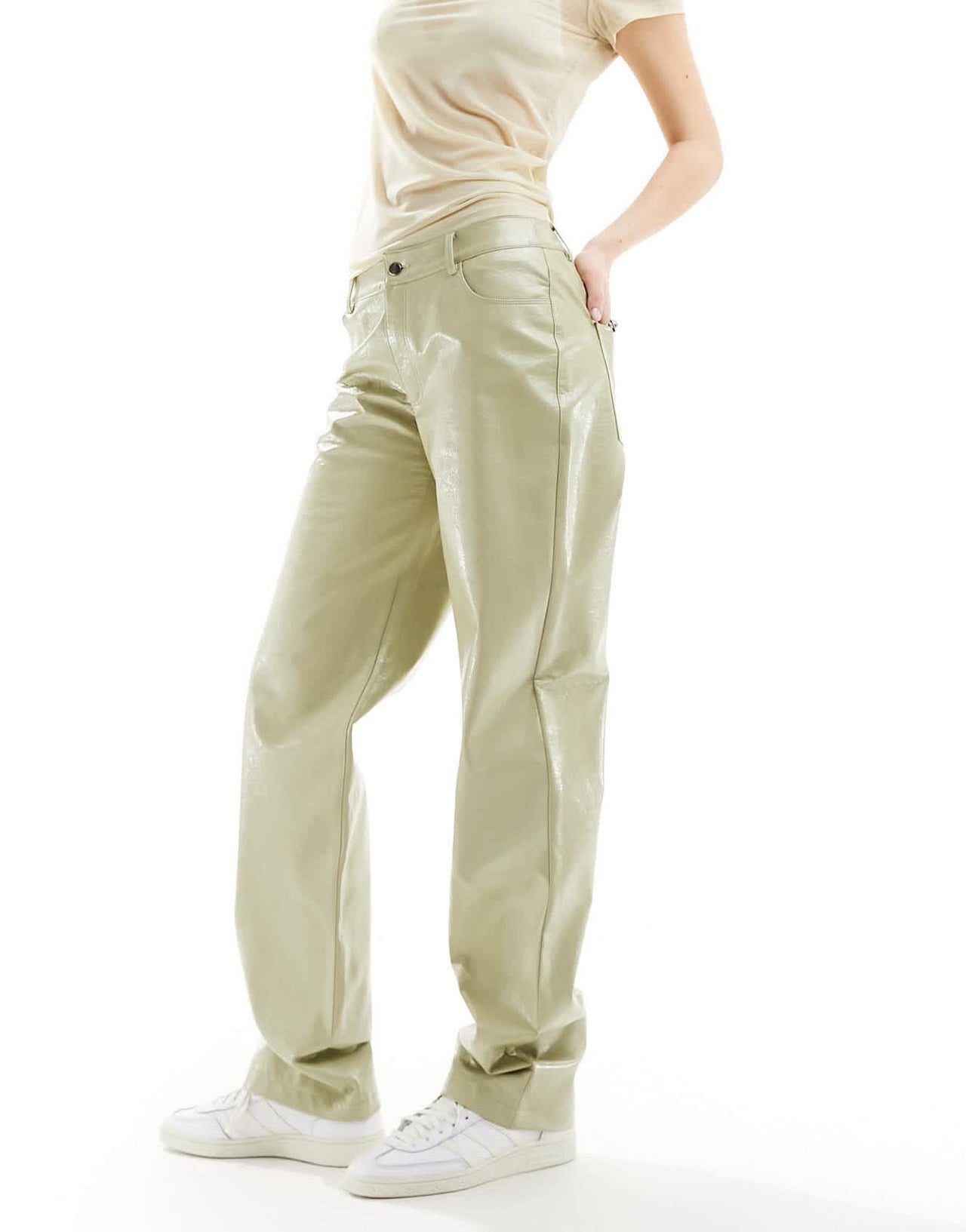 Noisy May wide leg faux leather trouser in light sage - ASOS Sample Sale EU Store