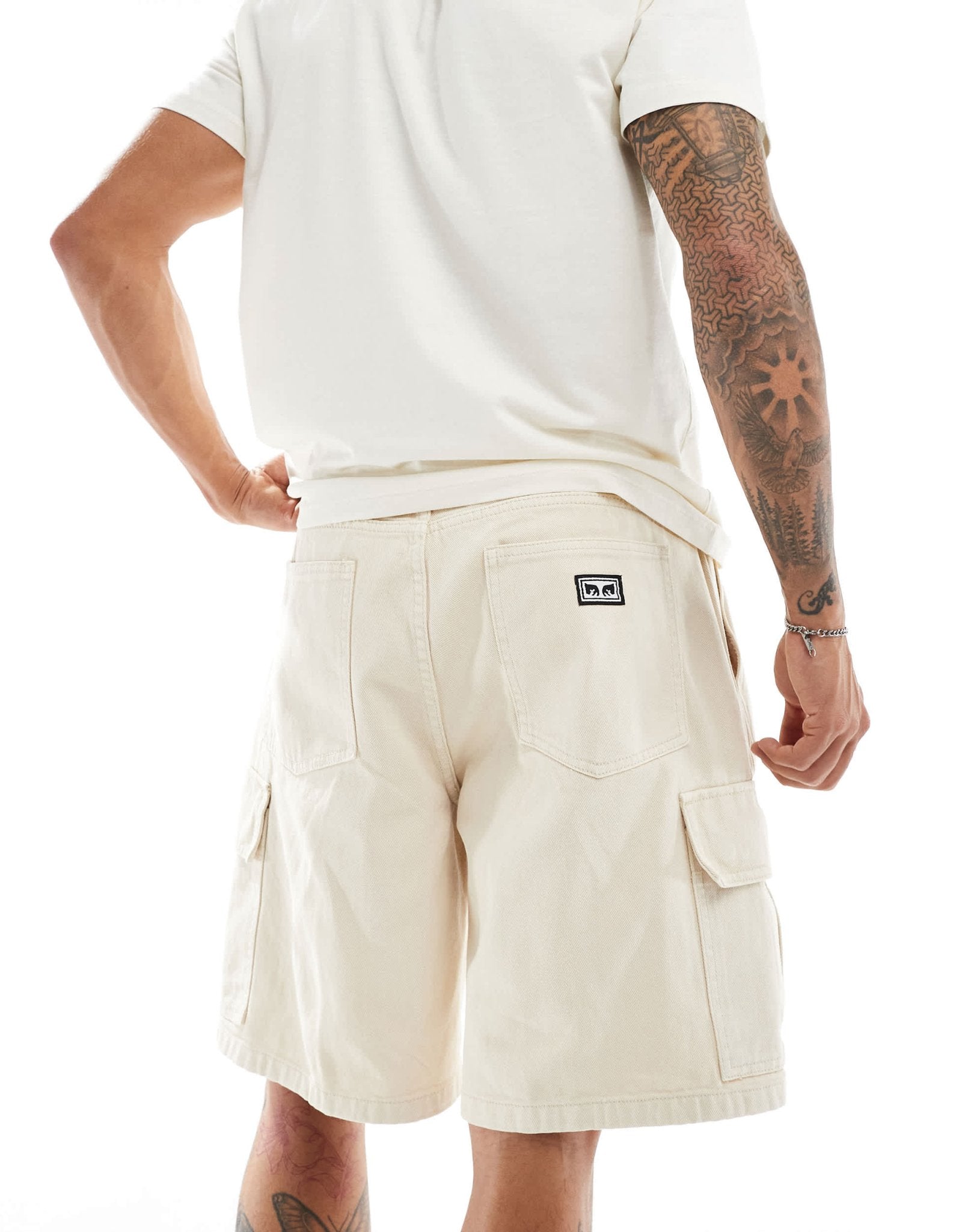 Obey bigwig baggy denim cargo short in off white - ASOS Sample Sale EU Store