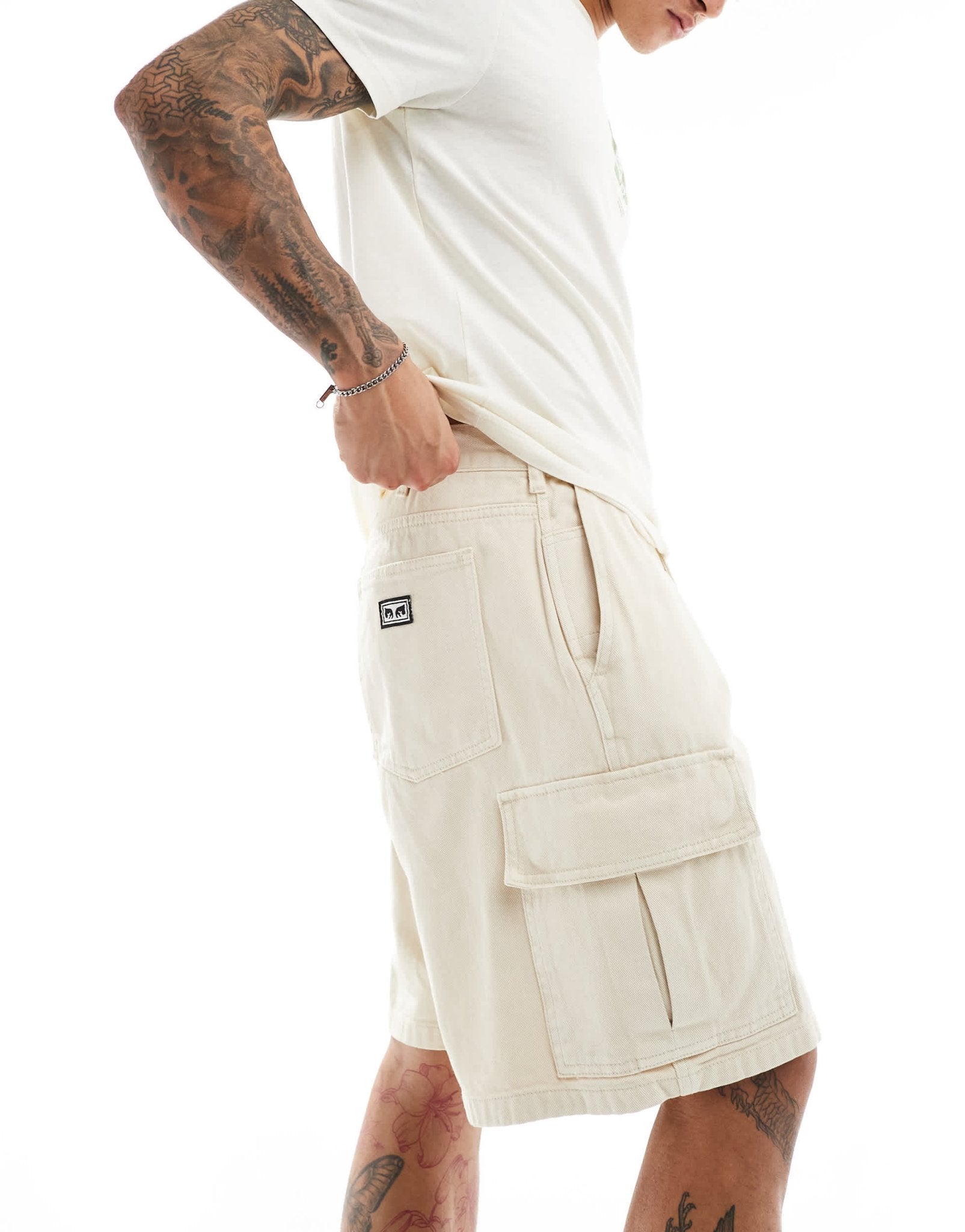 Obey bigwig baggy denim cargo short in off white - ASOS Sample Sale EU Store