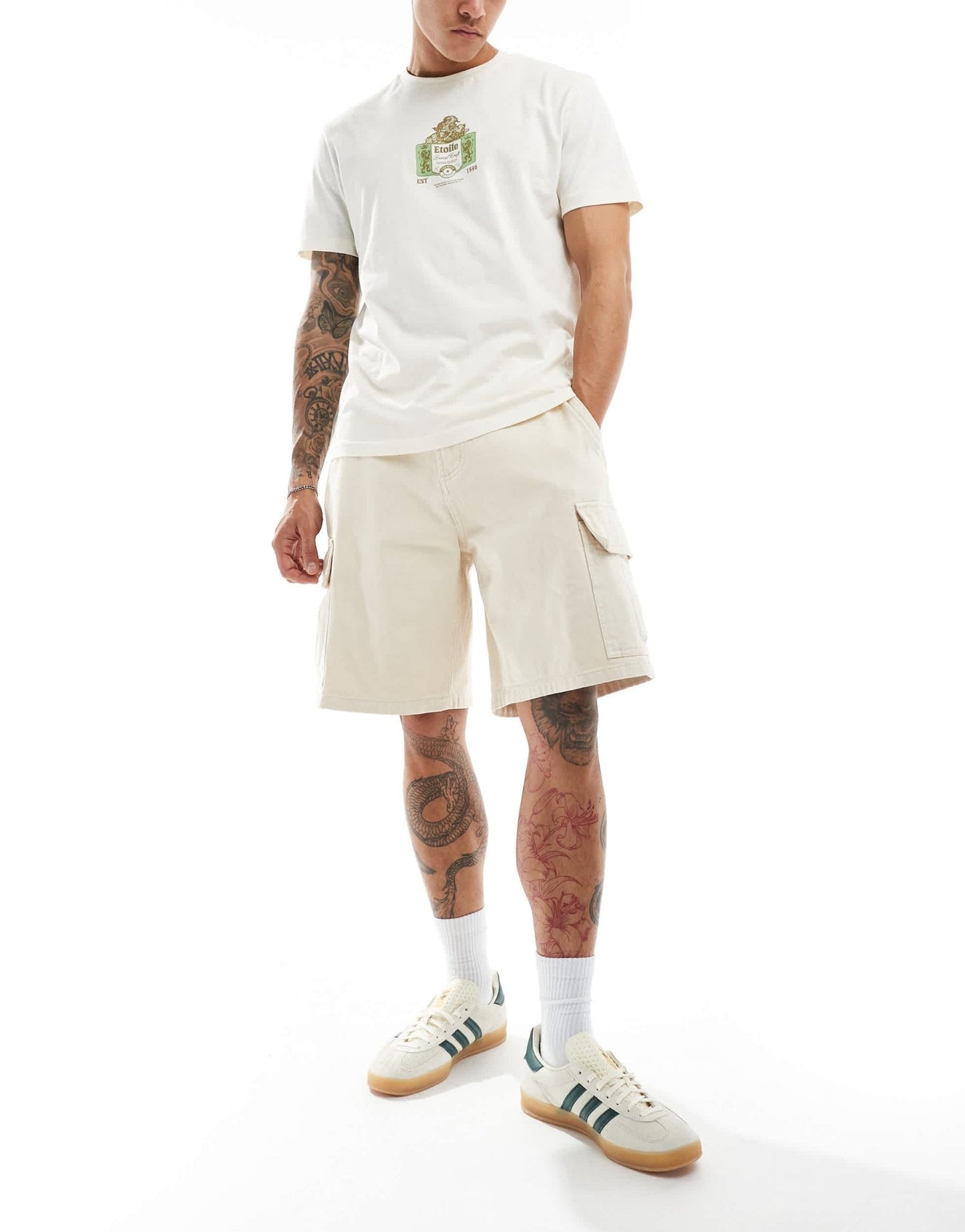 Obey bigwig baggy denim cargo short in off white - ASOS Sample Sale EU Store