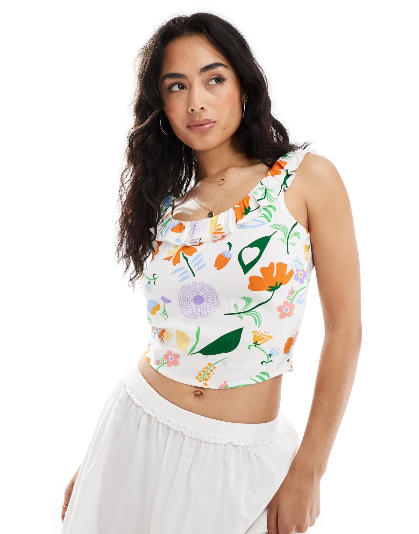 ONLY floral print scoop neck frill top in white - ASOS Sample Sale EU Store