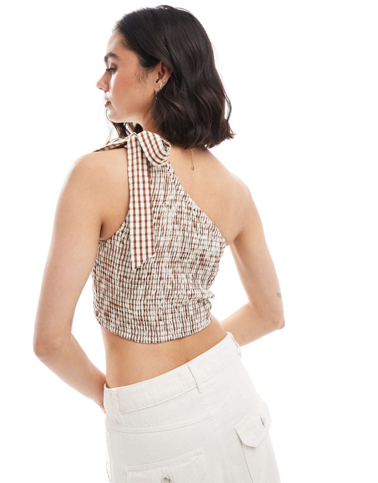 ONLY gingham asymmetric crop top in brown - ASOS Sample Sale EU Store