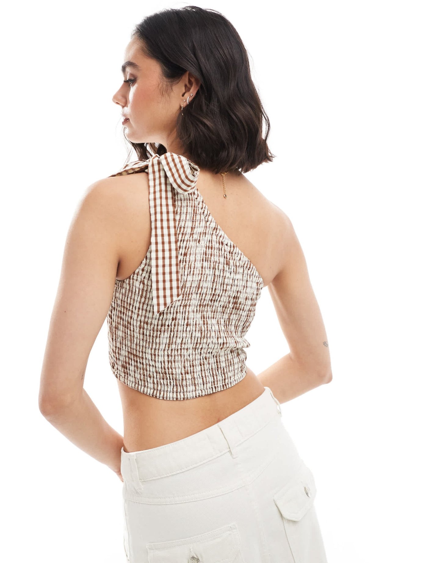 ONLY gingham asymmetric crop top in brown - ASOS Sample Sale EU Store