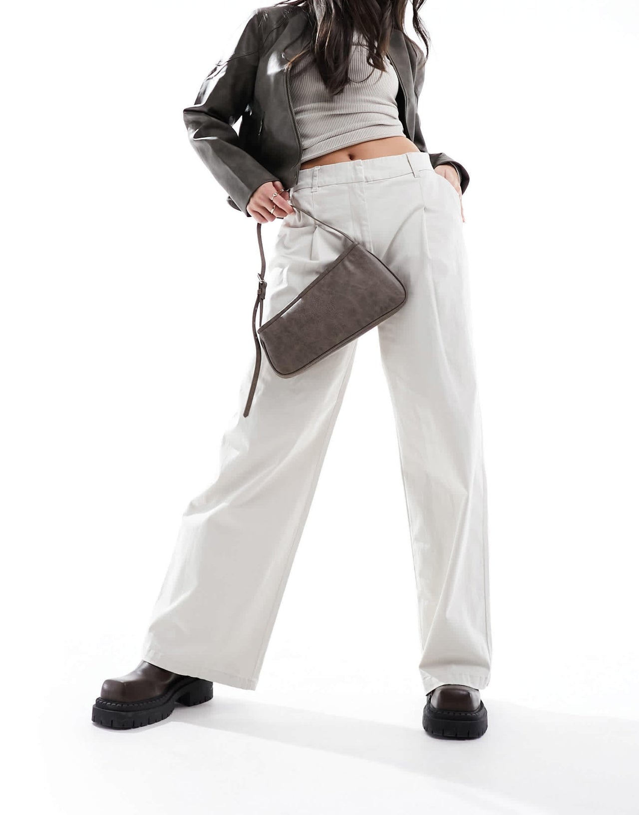ONLY high waist wide fit trouser with pleat detail in stone - ASOS Sample Sale EU Store