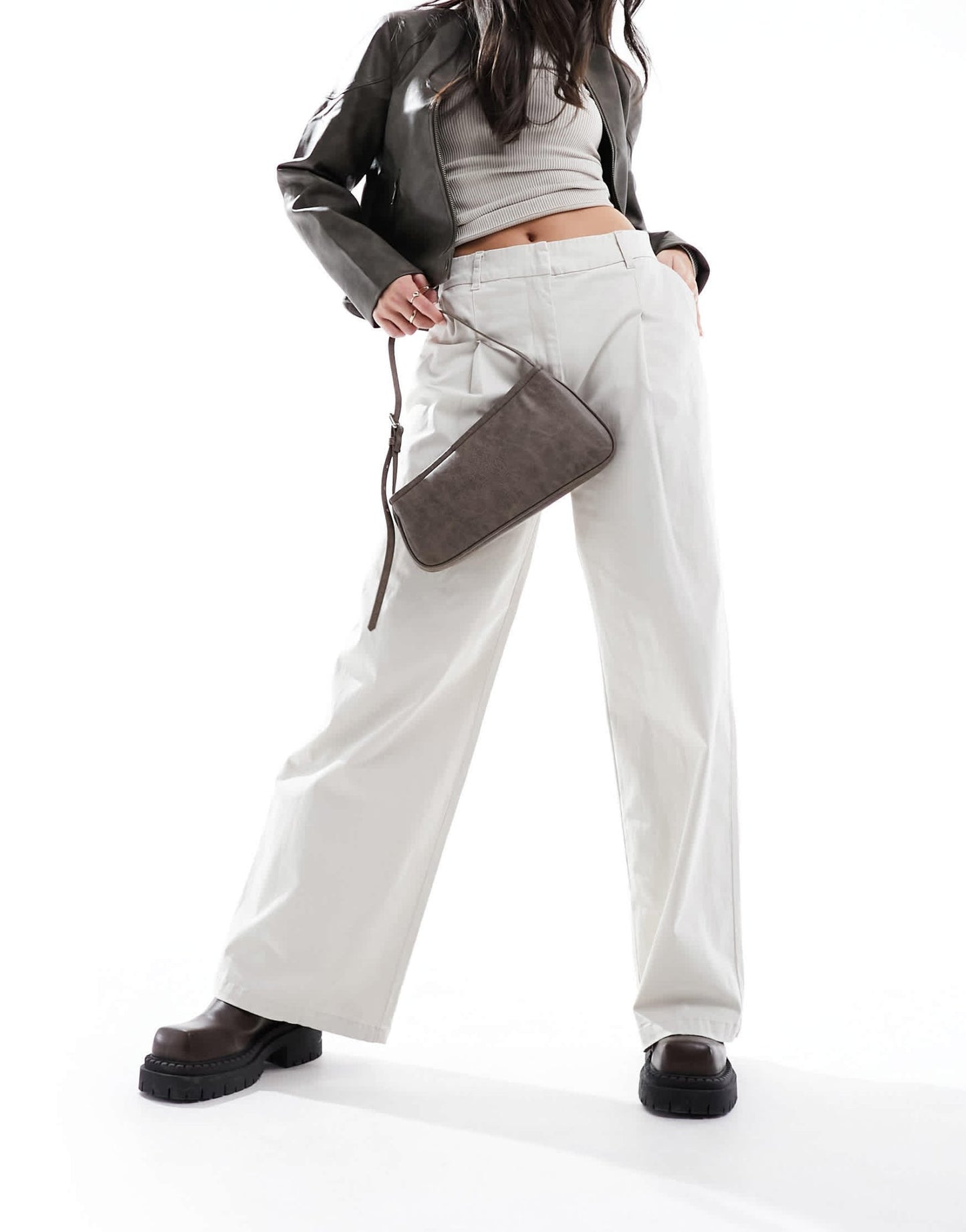 ONLY high waist wide fit trouser with pleat detail in stone - ASOS Sample Sale EU Store