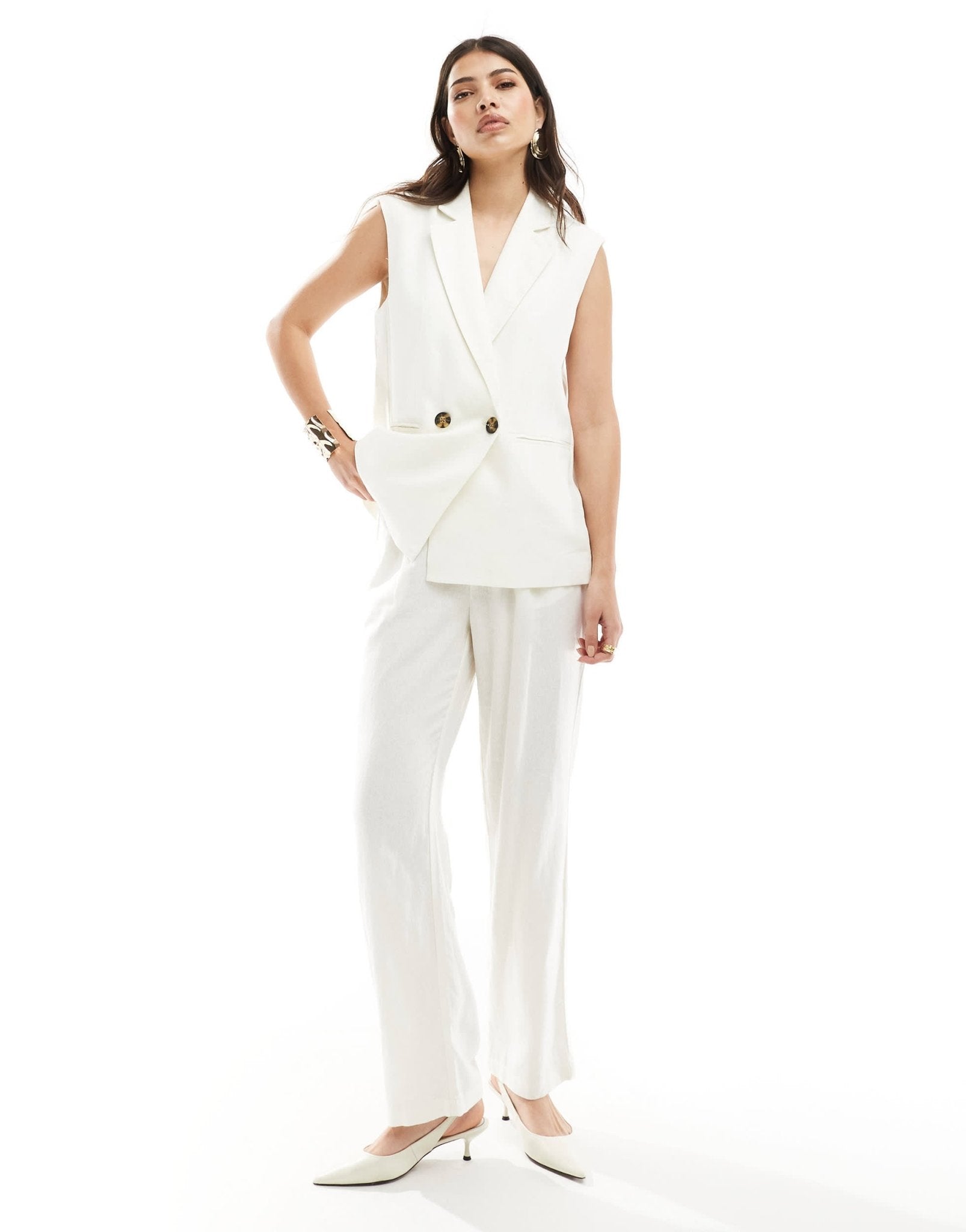 ONLY high waisted straight linen mix trouser co - ord in cream - ASOS Sample Sale EU Store