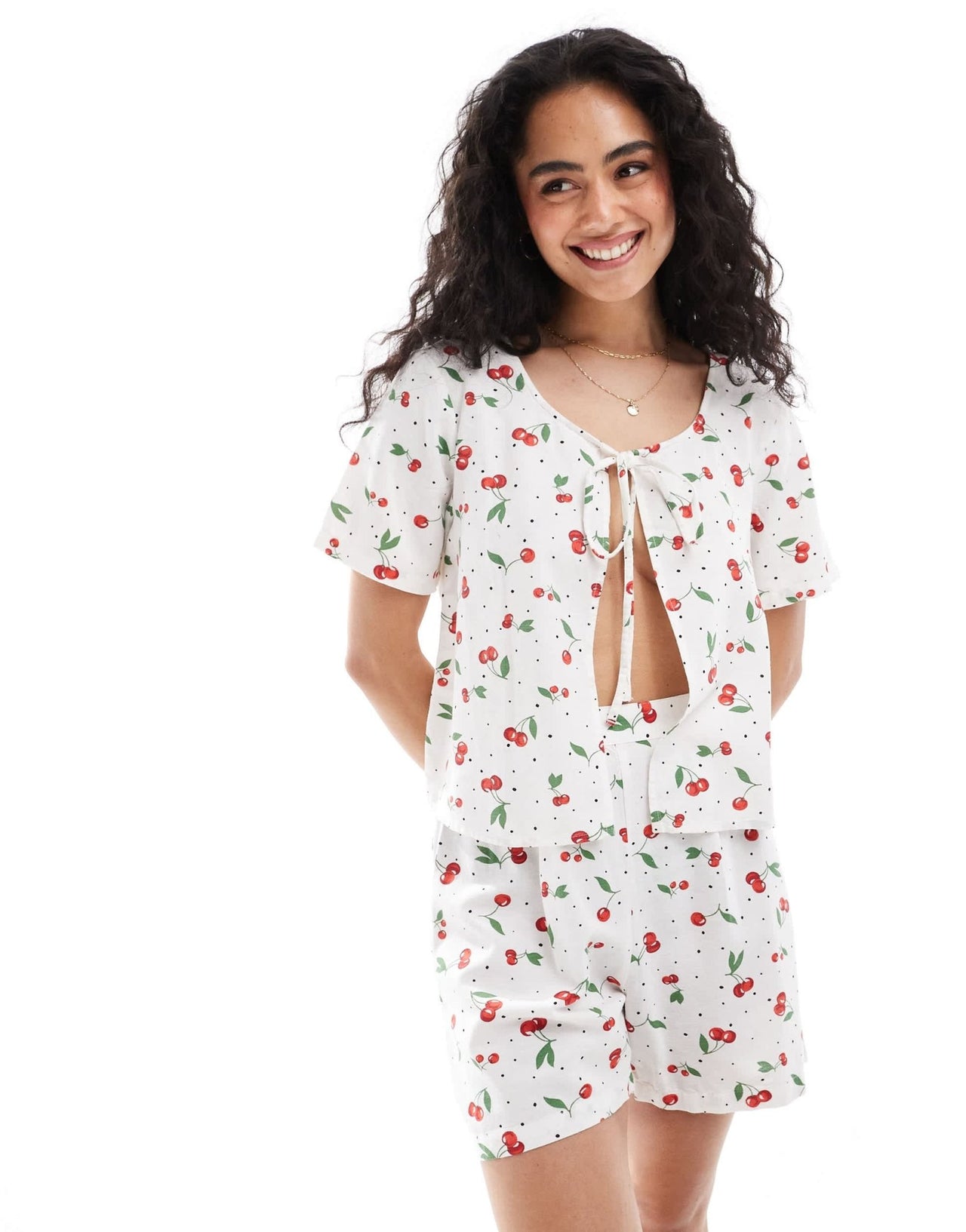 ONLY linen mix tie front top co - ord in cherry print - ASOS Sample Sale EU Store
