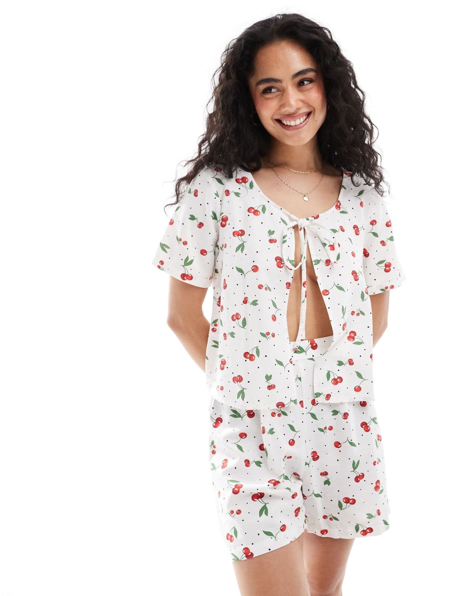 ONLY linen mix tie front top co - ord in cherry print - ASOS Sample Sale EU Store