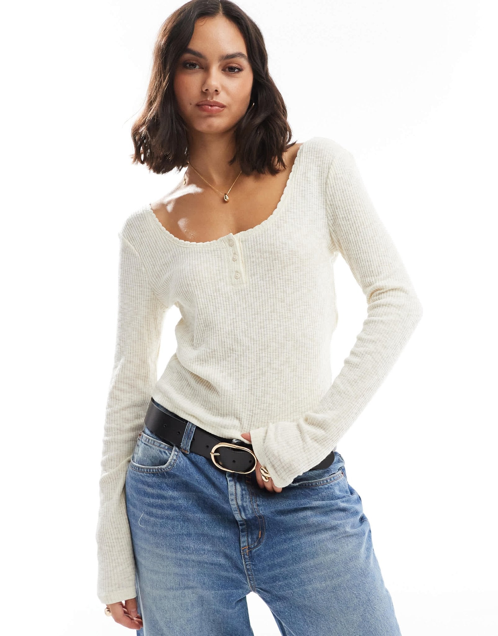 ONLY long sleeve ribbed scoop neck top in cream - ASOS Sample Sale EU Store