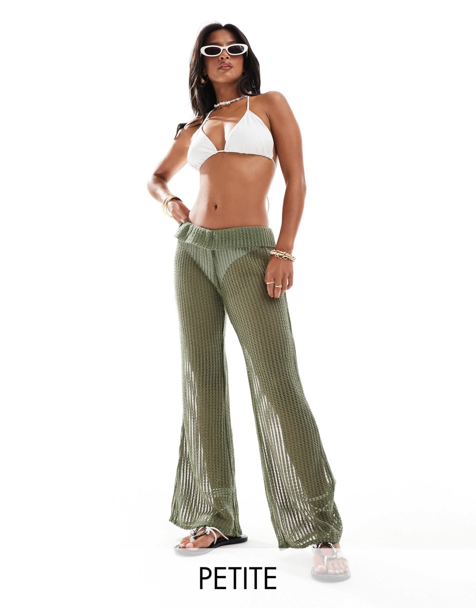 ONLY Petite flare beach trousers with folded waistband in light green - ASOS Sample Sale EU Store