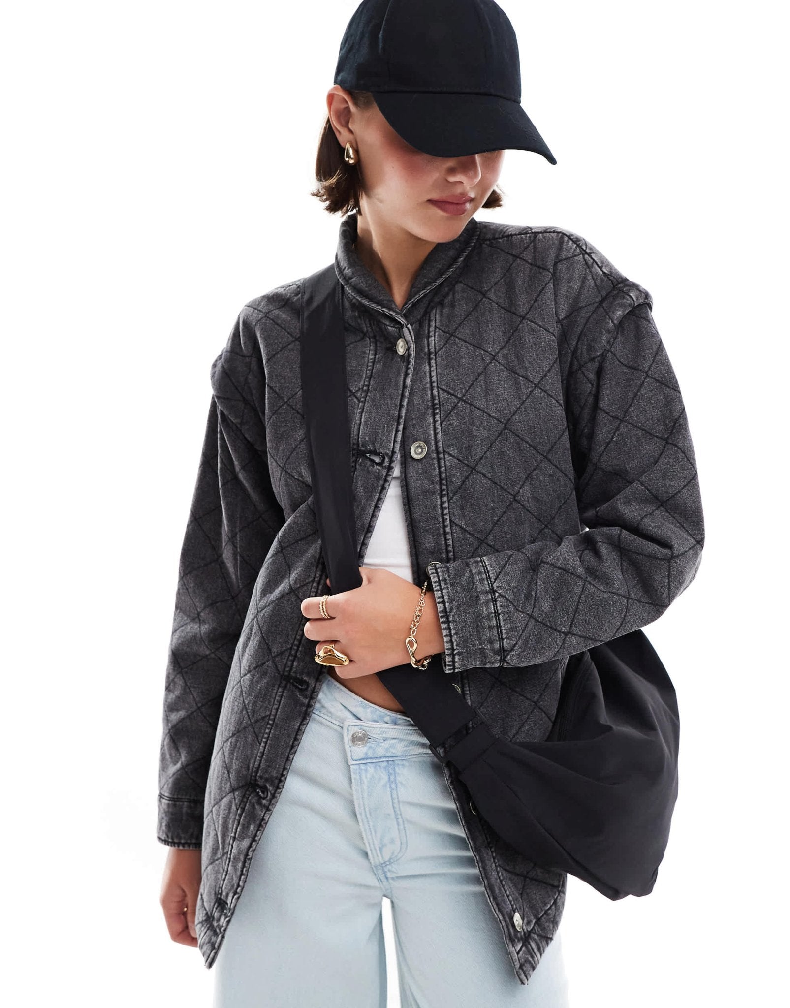 ONLY quilted belted denim jacket in grey - ASOS Sample Sale EU Store