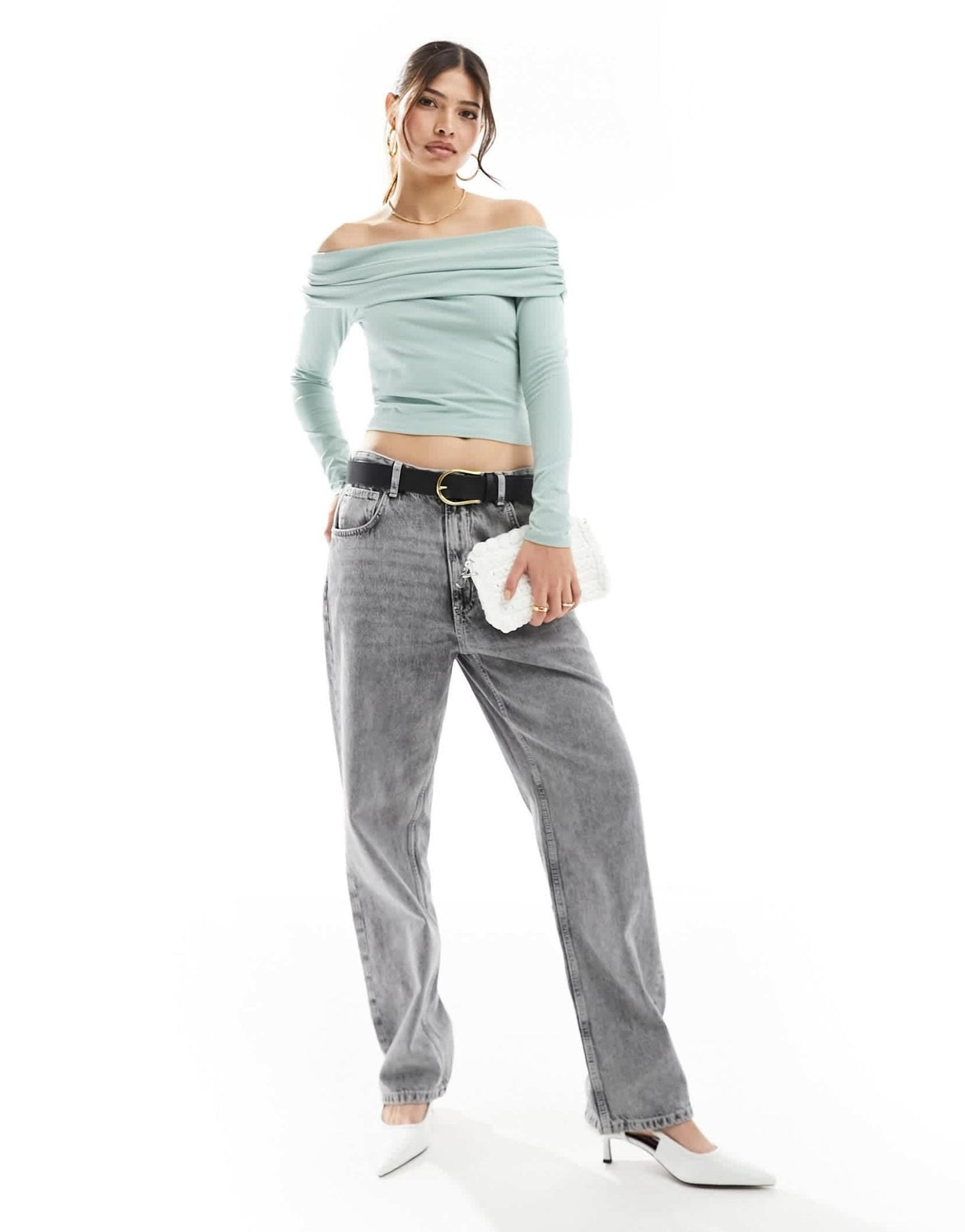 ONLY ruched detail off shoulder top in light green - ASOS Sample Sale EU Store
