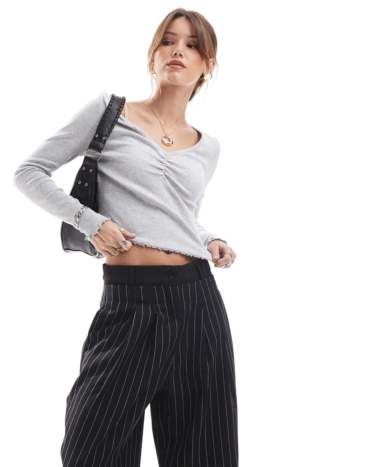 ONLY ruched front detail long sleeve top in light grey - ASOS Sample Sale EU Store