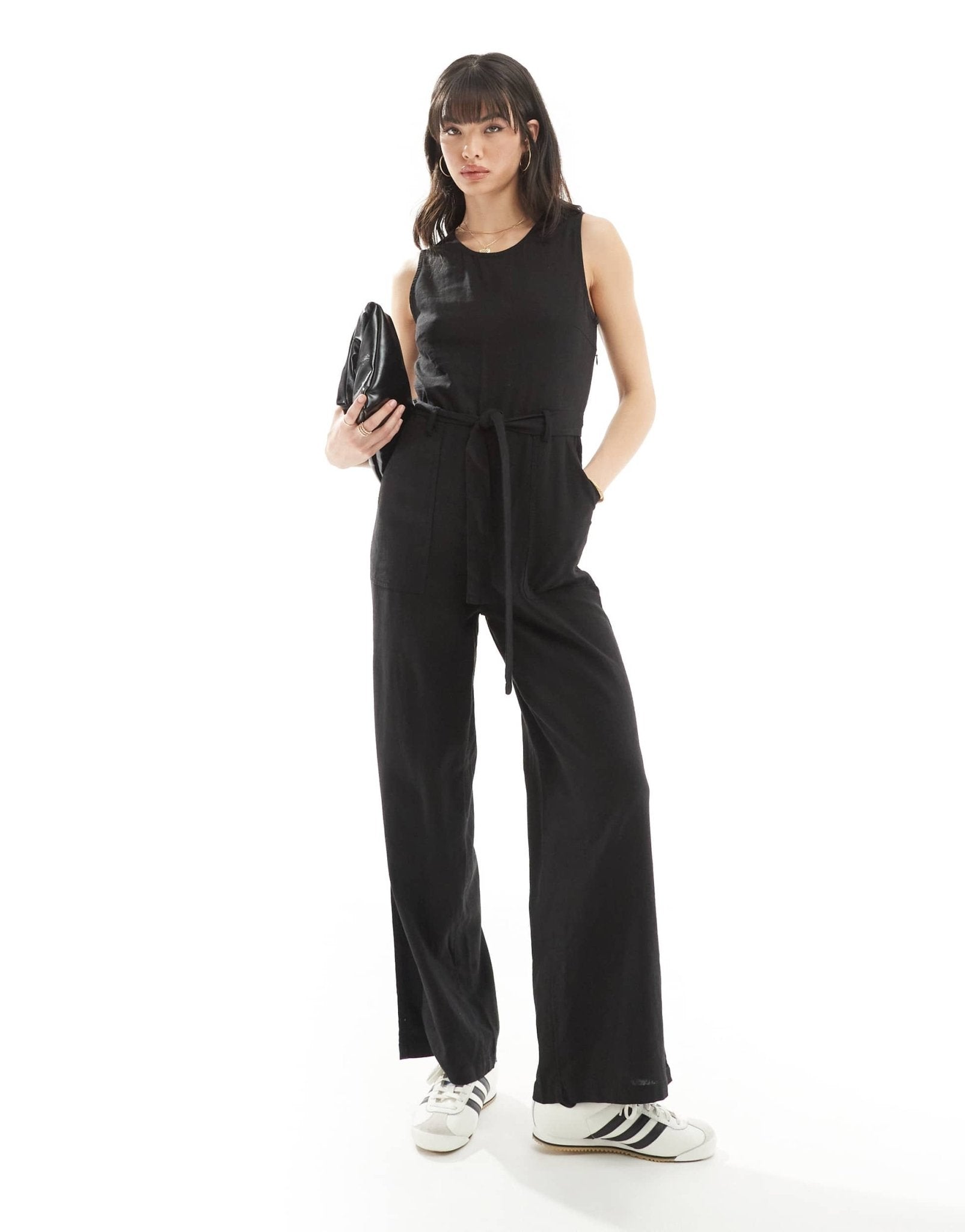 ONLY sleeveless belted linen mix jumpsuit in black - ASOS Sample Sale EU Store
