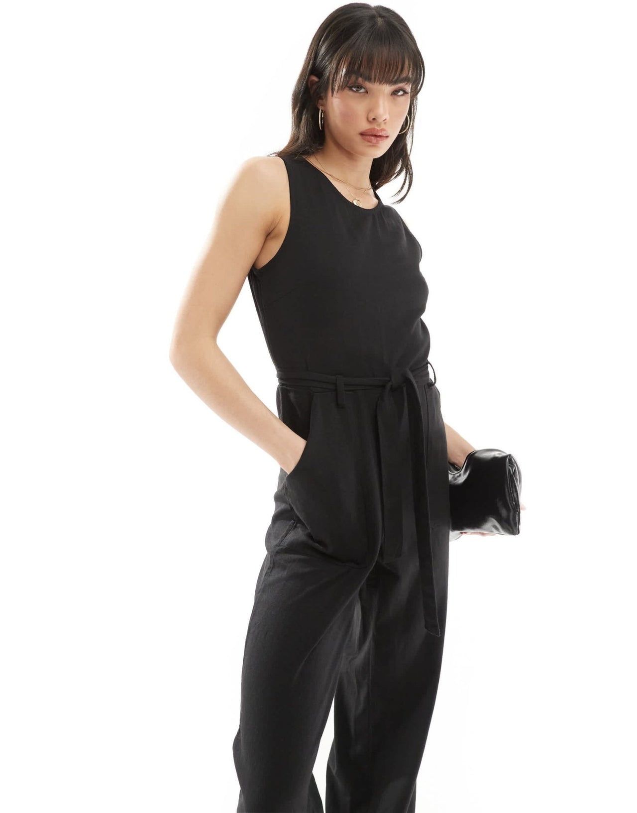 ONLY sleeveless belted linen mix jumpsuit in black - ASOS Sample Sale EU Store