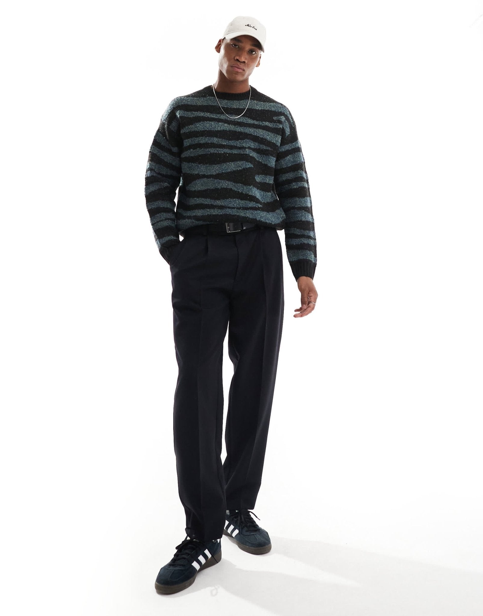 ONLY & SONS crew neck drop shoulder jumper with zebra stripe in black - ASOS Sample Sale EU Store