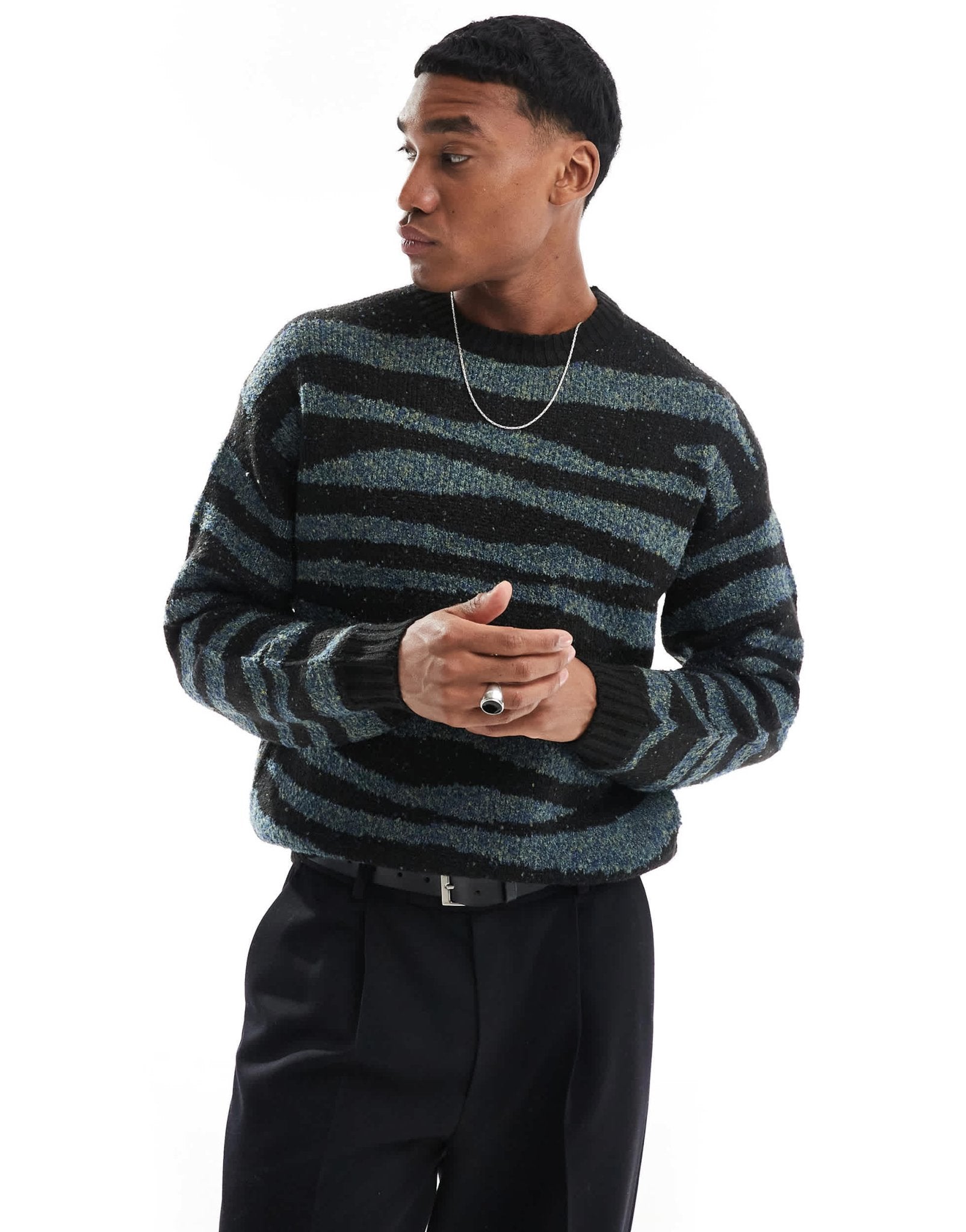ONLY & SONS crew neck drop shoulder jumper with zebra stripe in black - ASOS Sample Sale EU Store