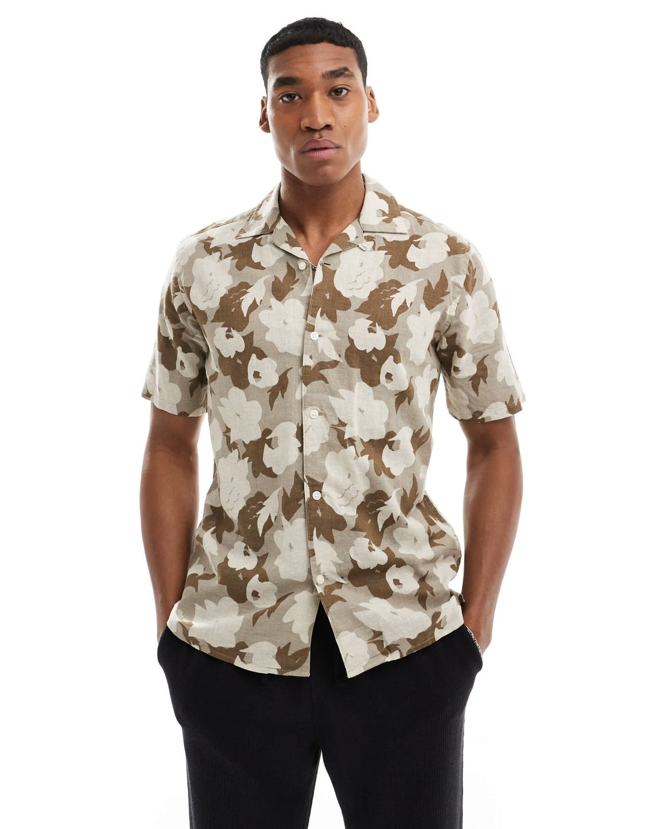 ONLY & SONS linen mix revere collar floral shirt in beige - ASOS Sample Sale EU Store