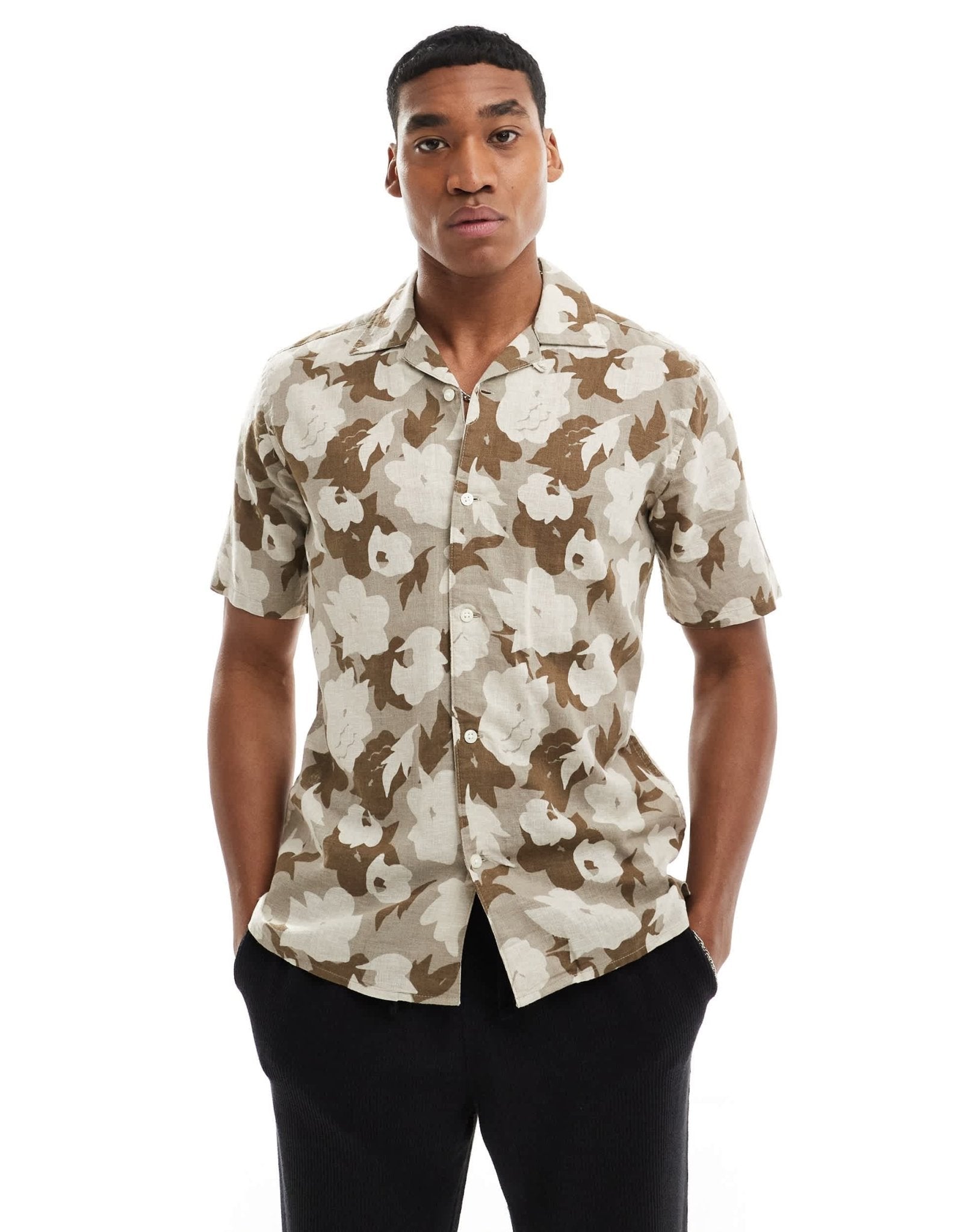 ONLY & SONS linen mix revere collar floral shirt in beige - ASOS Sample Sale EU Store