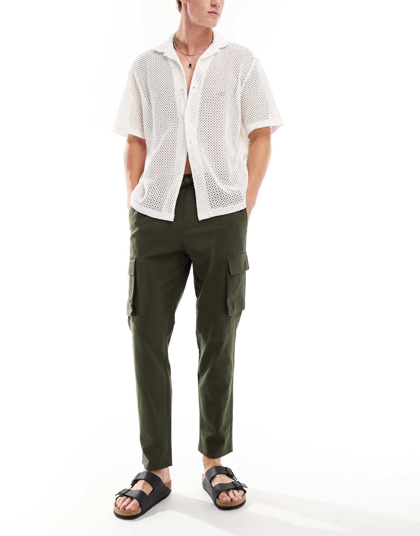 ONLY & SONS linen mix tapered fit cargo in khaki - ASOS Sample Sale EU Store