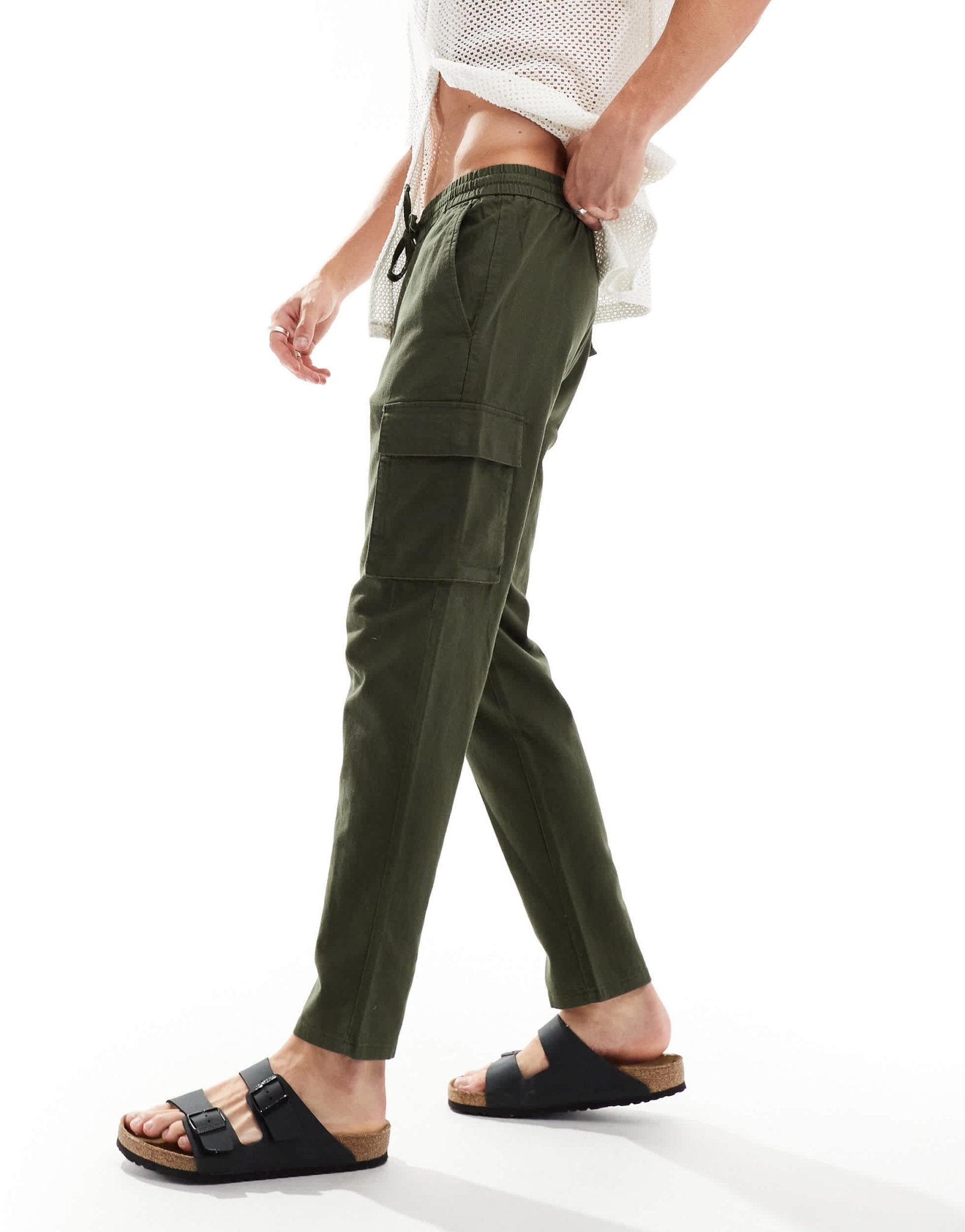 ONLY & SONS linen mix tapered fit cargo in khaki - ASOS Sample Sale EU Store