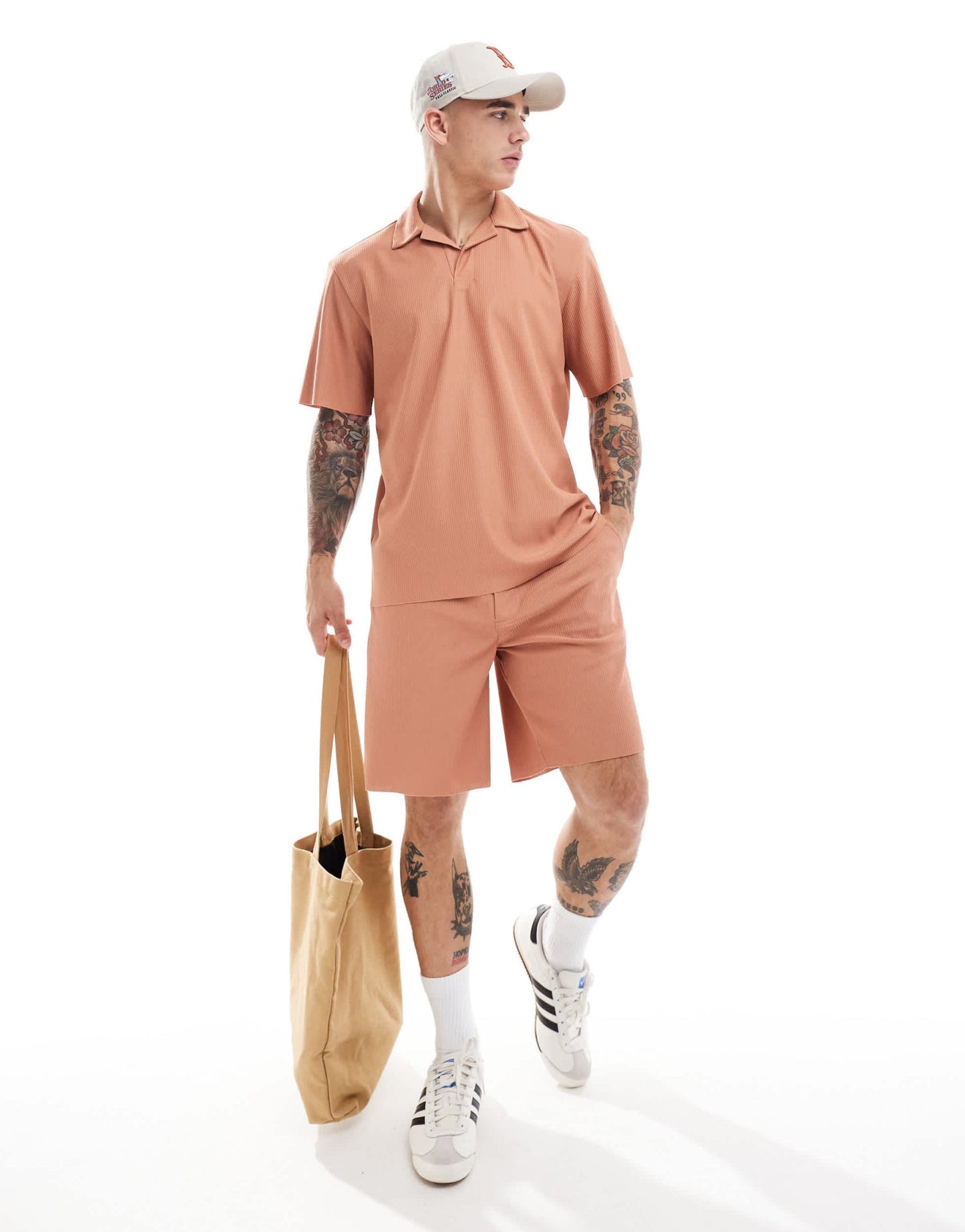 ONLY & SONS plisse split neck polo co - ord in burnt orange - ASOS Sample Sale EU Store