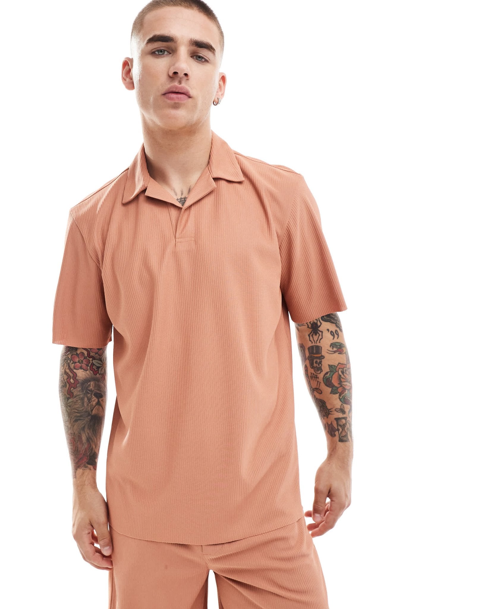 ONLY & SONS plisse split neck polo co - ord in burnt orange - ASOS Sample Sale EU Store
