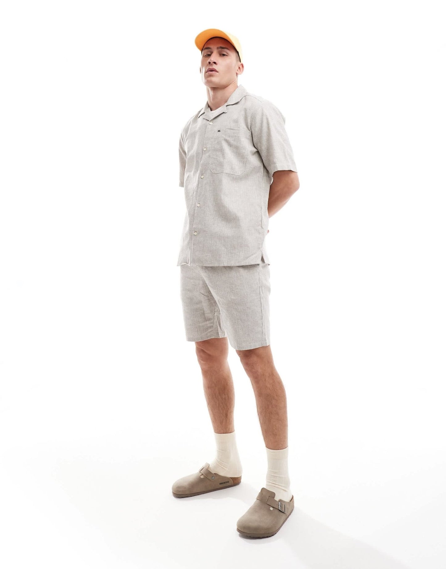 ONLY & SONS revere collar linen mix shirt co - ord in beige stripe - ASOS Sample Sale EU Store