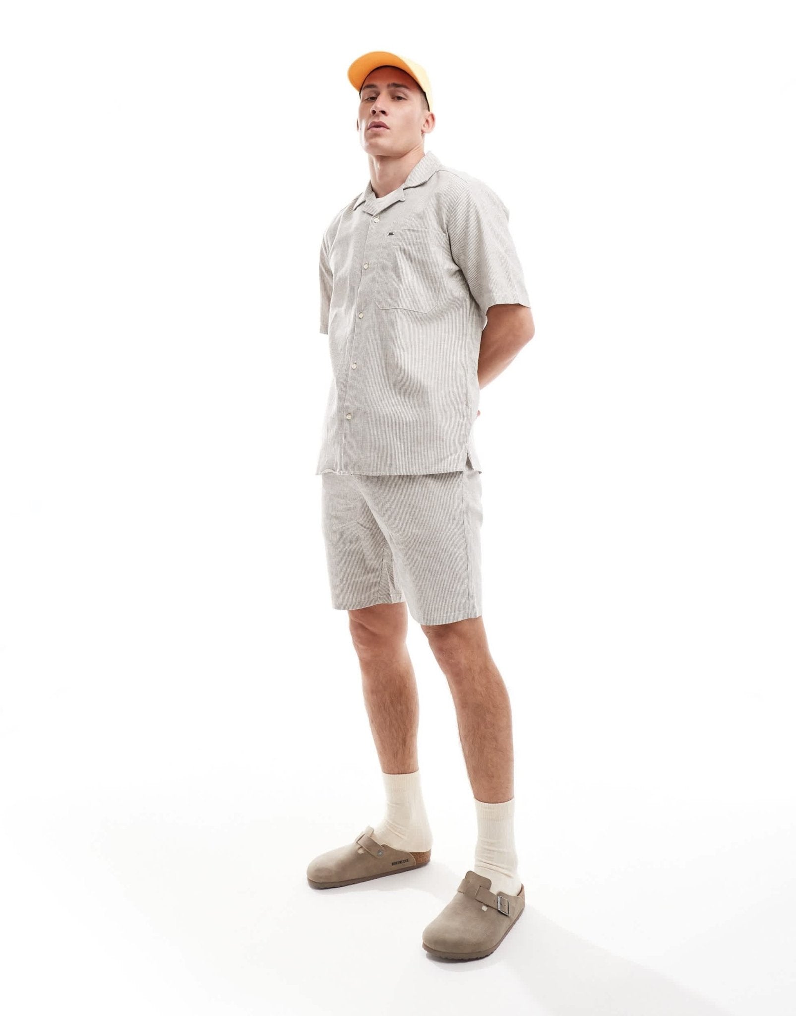 ONLY & SONS revere collar linen mix shirt co - ord in beige stripe - ASOS Sample Sale EU Store