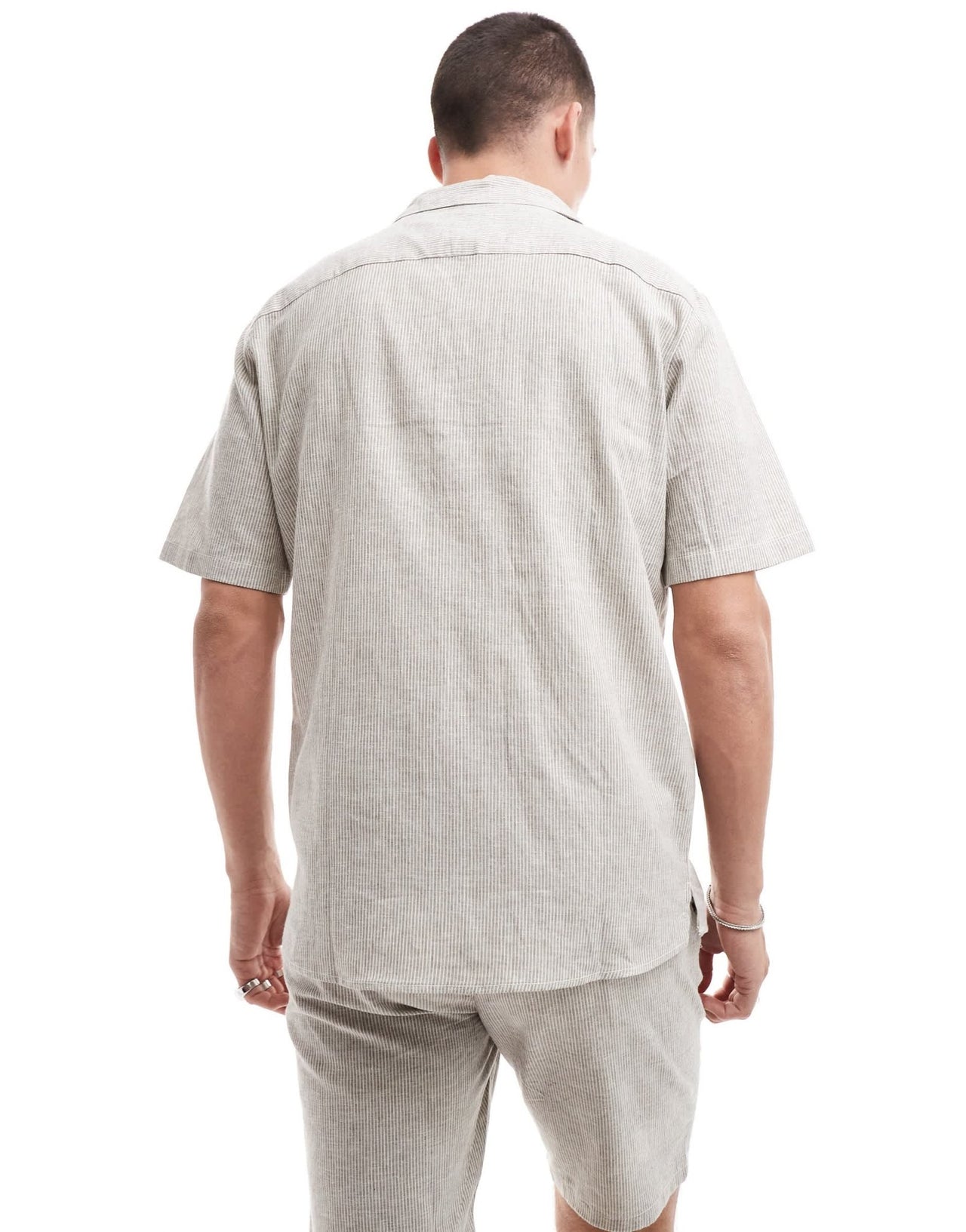 ONLY & SONS revere collar linen mix shirt co - ord in beige stripe - ASOS Sample Sale EU Store