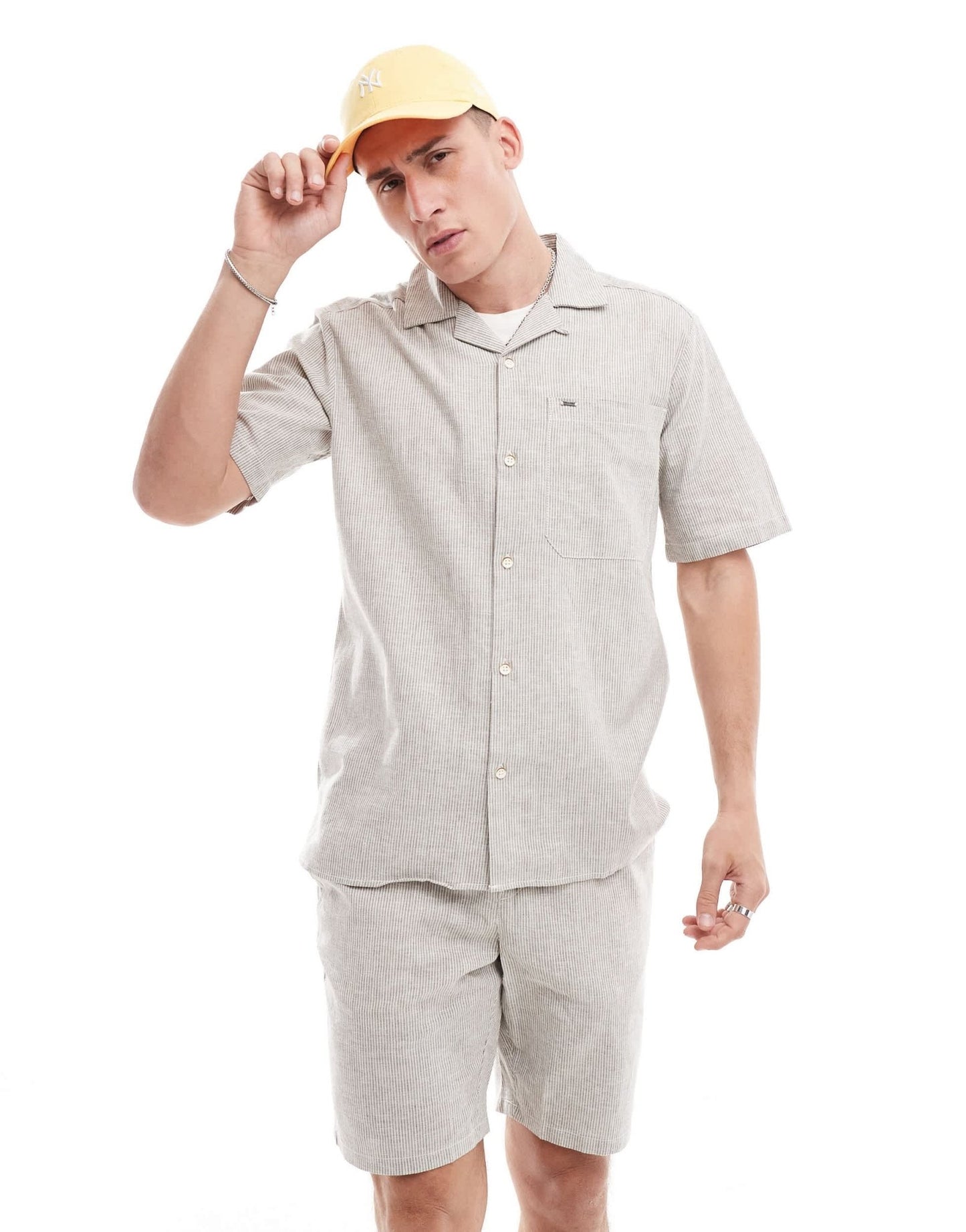 ONLY & SONS revere collar linen mix shirt co - ord in beige stripe - ASOS Sample Sale EU Store