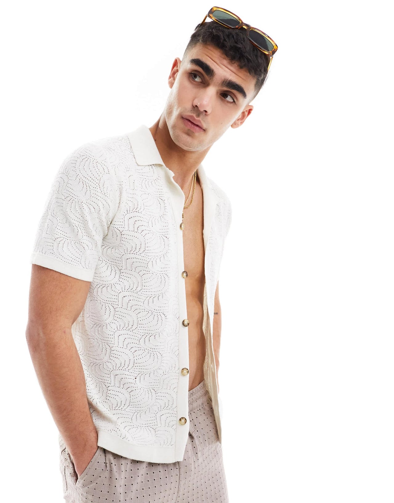 ONLY & SONS revere collar open knit shirt in white - ASOS Sample Sale EU Store
