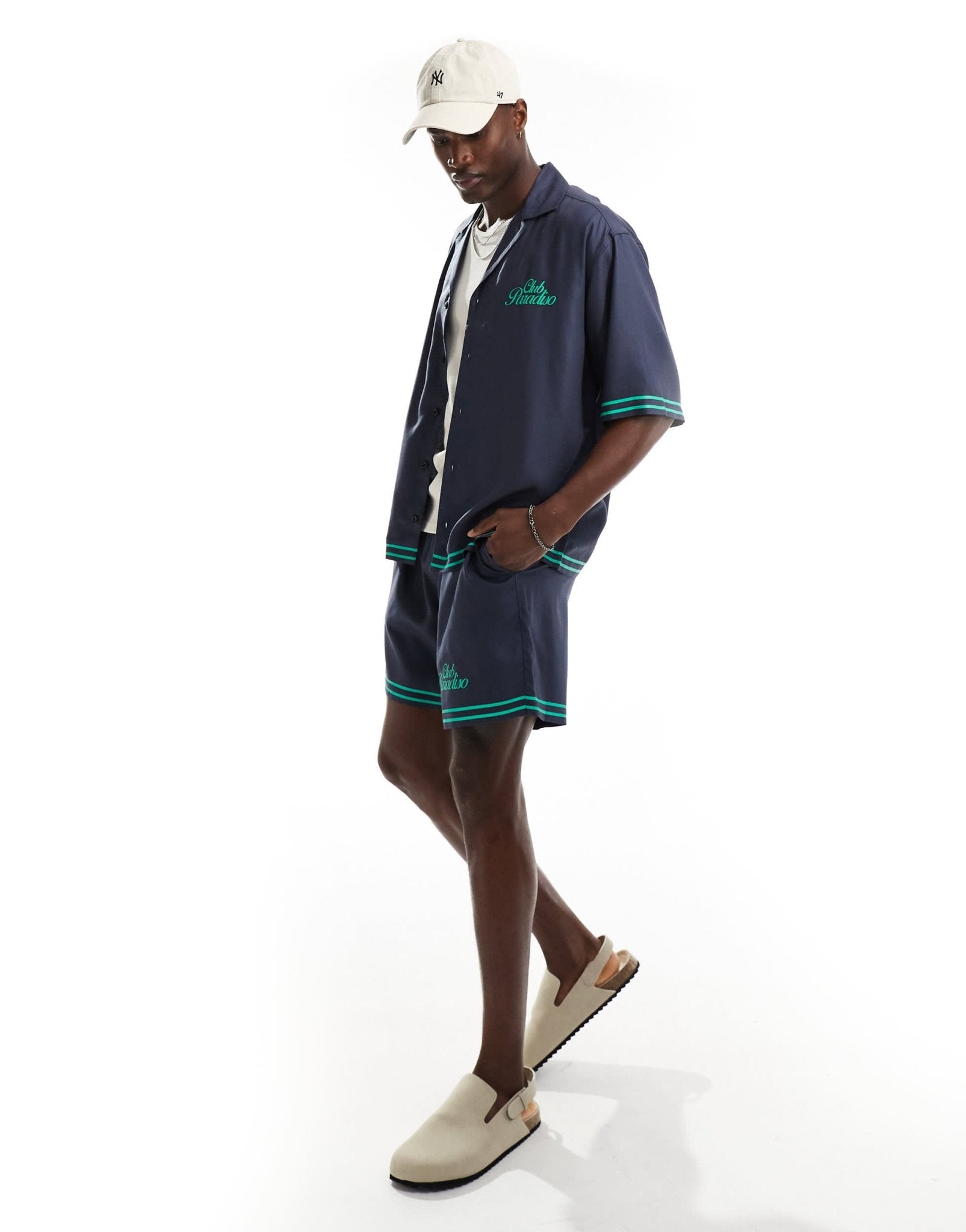 ONLY & SONS revere collar shirt co - ord with paradiso back print in navy - ASOS Sample Sale EU Store