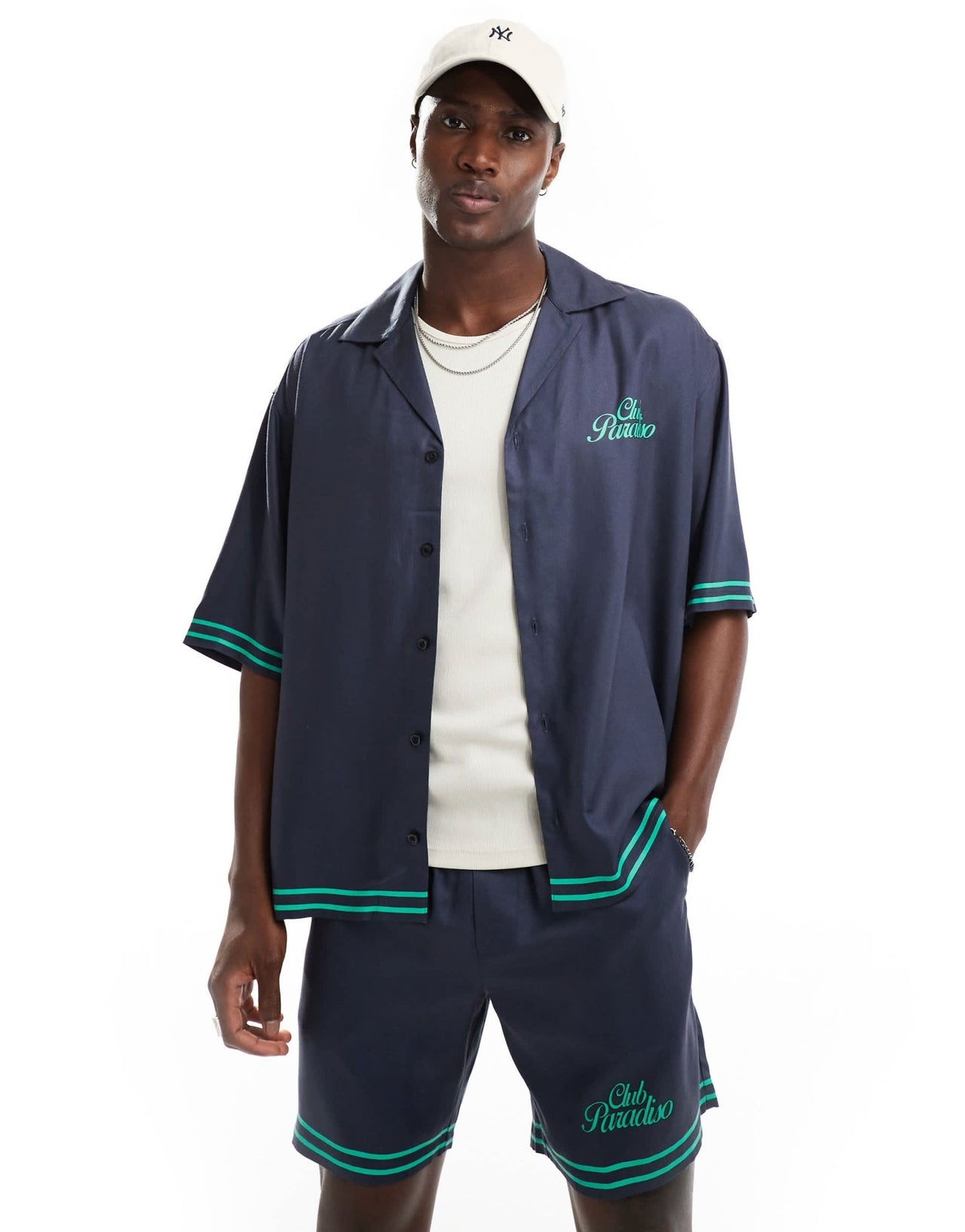 ONLY & SONS revere collar shirt co - ord with paradiso back print in navy - ASOS Sample Sale EU Store