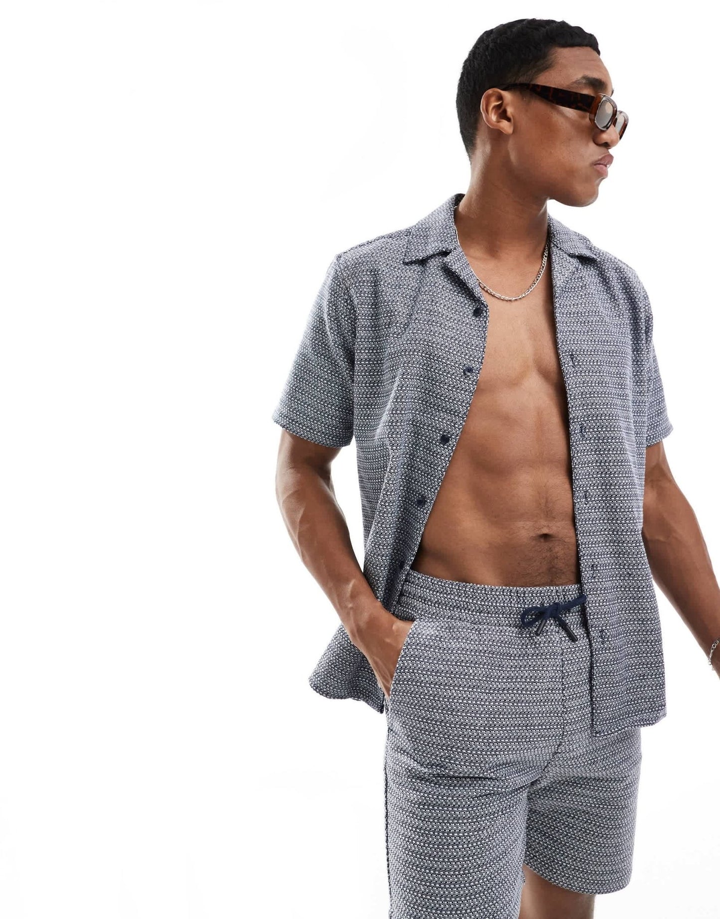 ONLY & SONS revere collar woven textured shirt co - ord in navy - ASOS Sample Sale EU Store