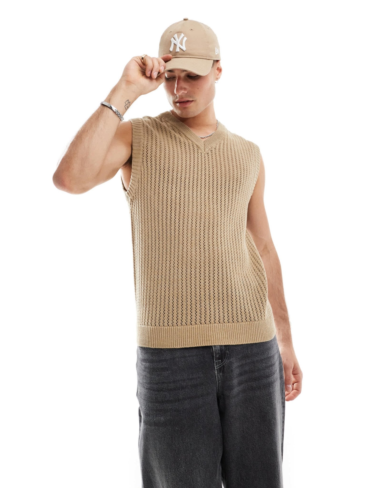 ONLY & SONS v neck open knit vest in beige - ASOS Sample Sale EU Store