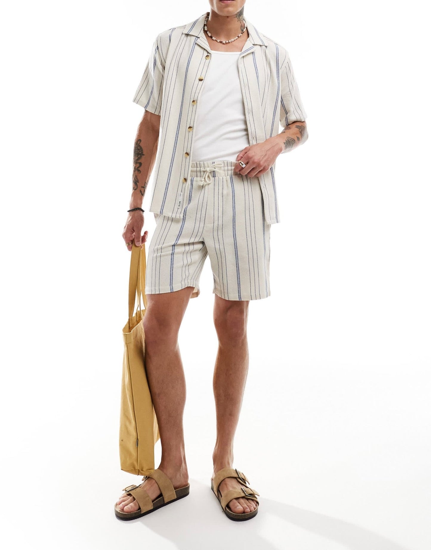 ONLY & SONS woven short co - ord in beige & blue stripe - ASOS Sample Sale EU Store