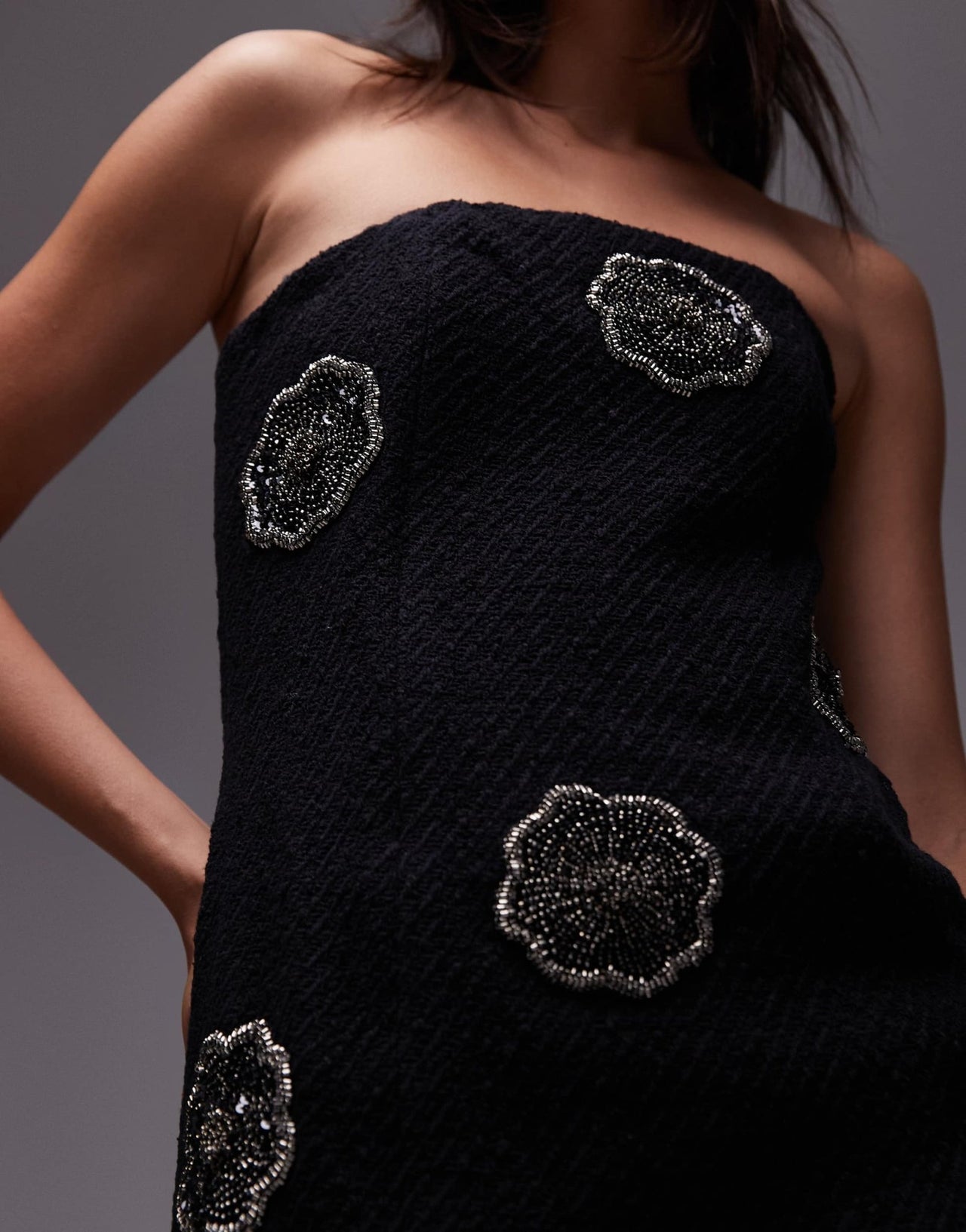 & Other Stories bandeau mini dress in black with embellished flowers - ASOS Sample Sale EU Store