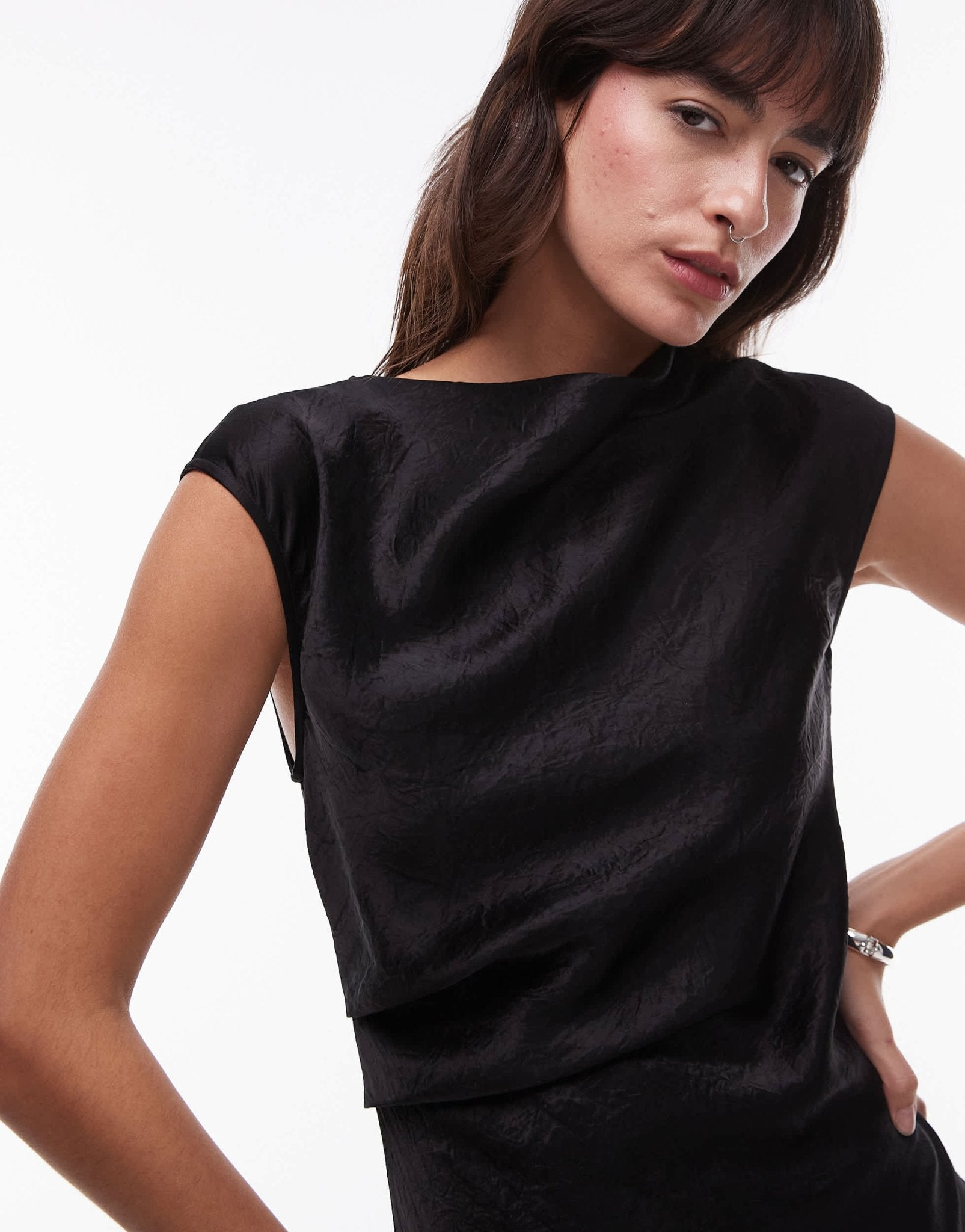 & Other Stories bias cut satin midi dress with drape detail and extended shoulder in black - ASOS Sample Sale EU Store