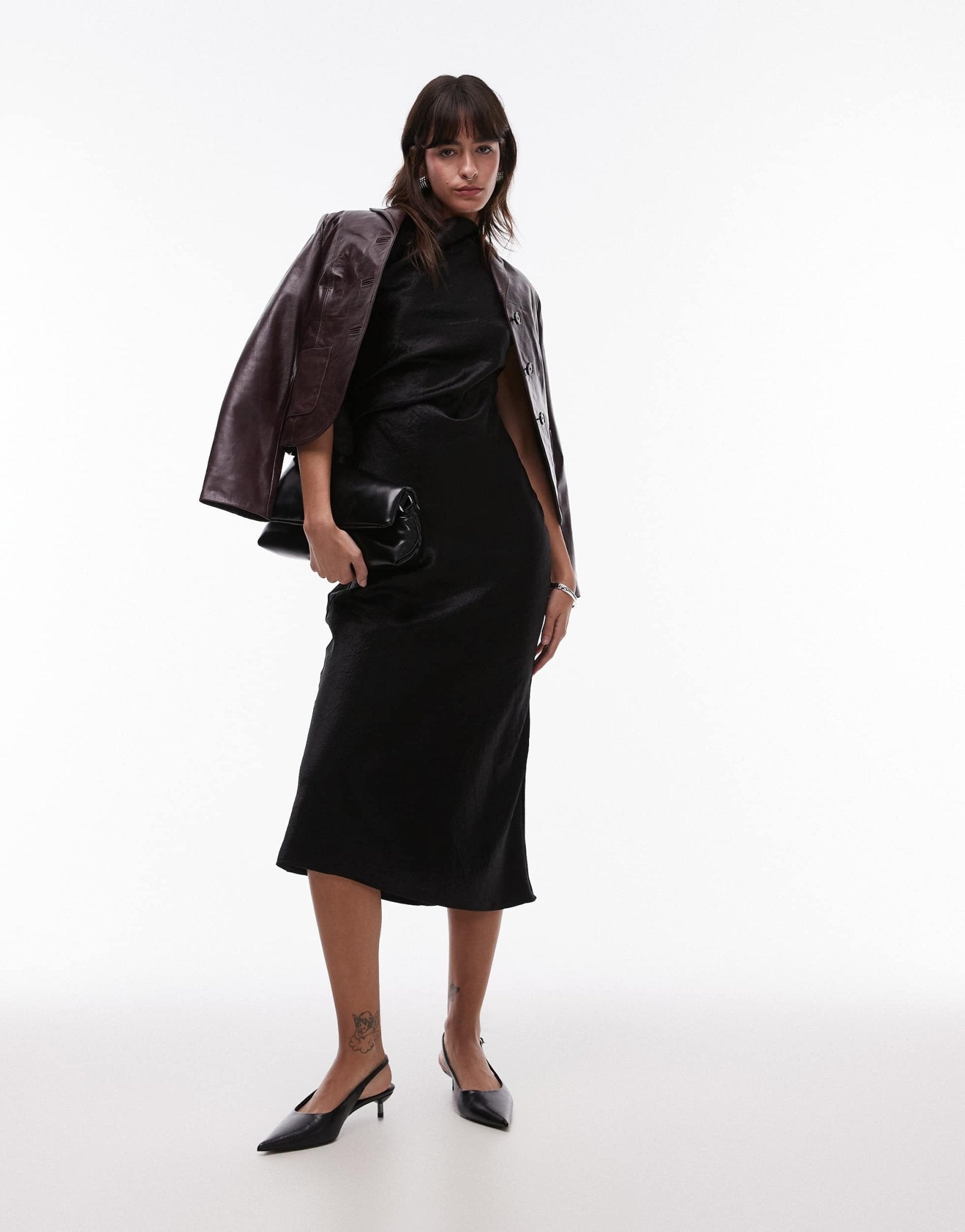& Other Stories bias cut satin midi dress with drape detail and extended shoulder in black - ASOS Sample Sale EU Store