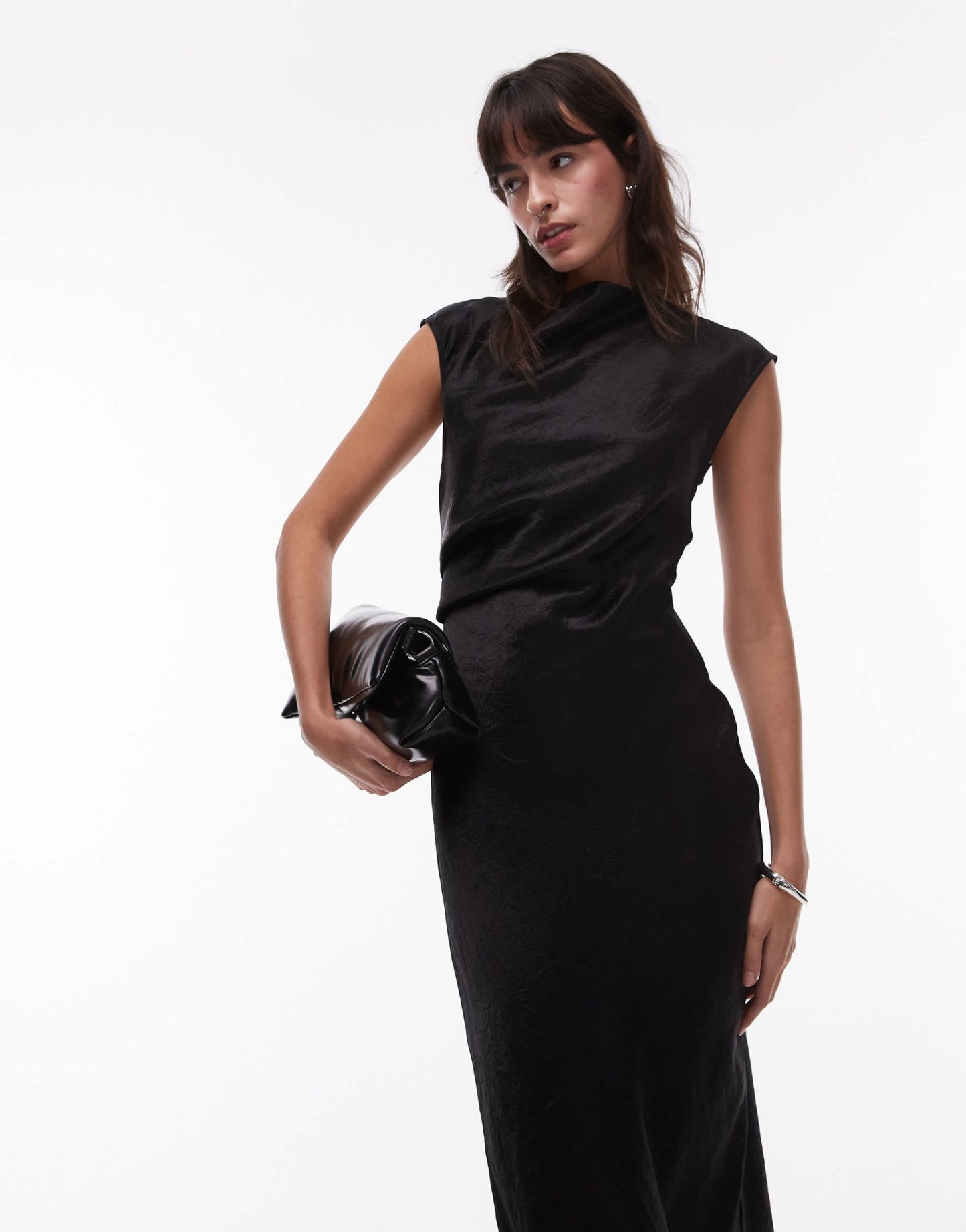 & Other Stories bias cut satin midi dress with drape detail and extended shoulder in black - ASOS Sample Sale EU Store