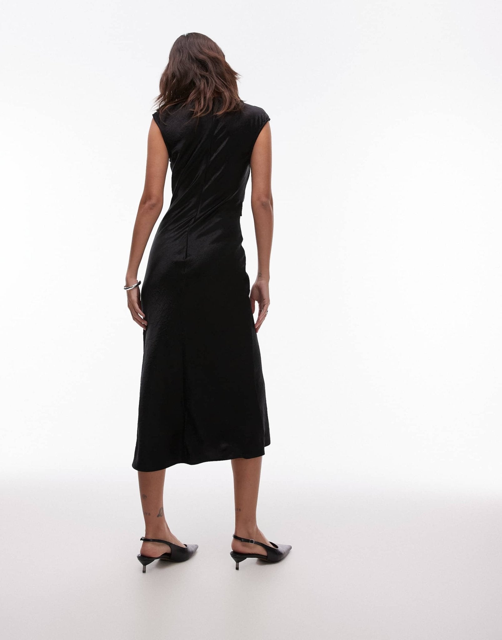 & Other Stories bias cut satin midi dress with drape detail and extended shoulder in black - ASOS Sample Sale EU Store