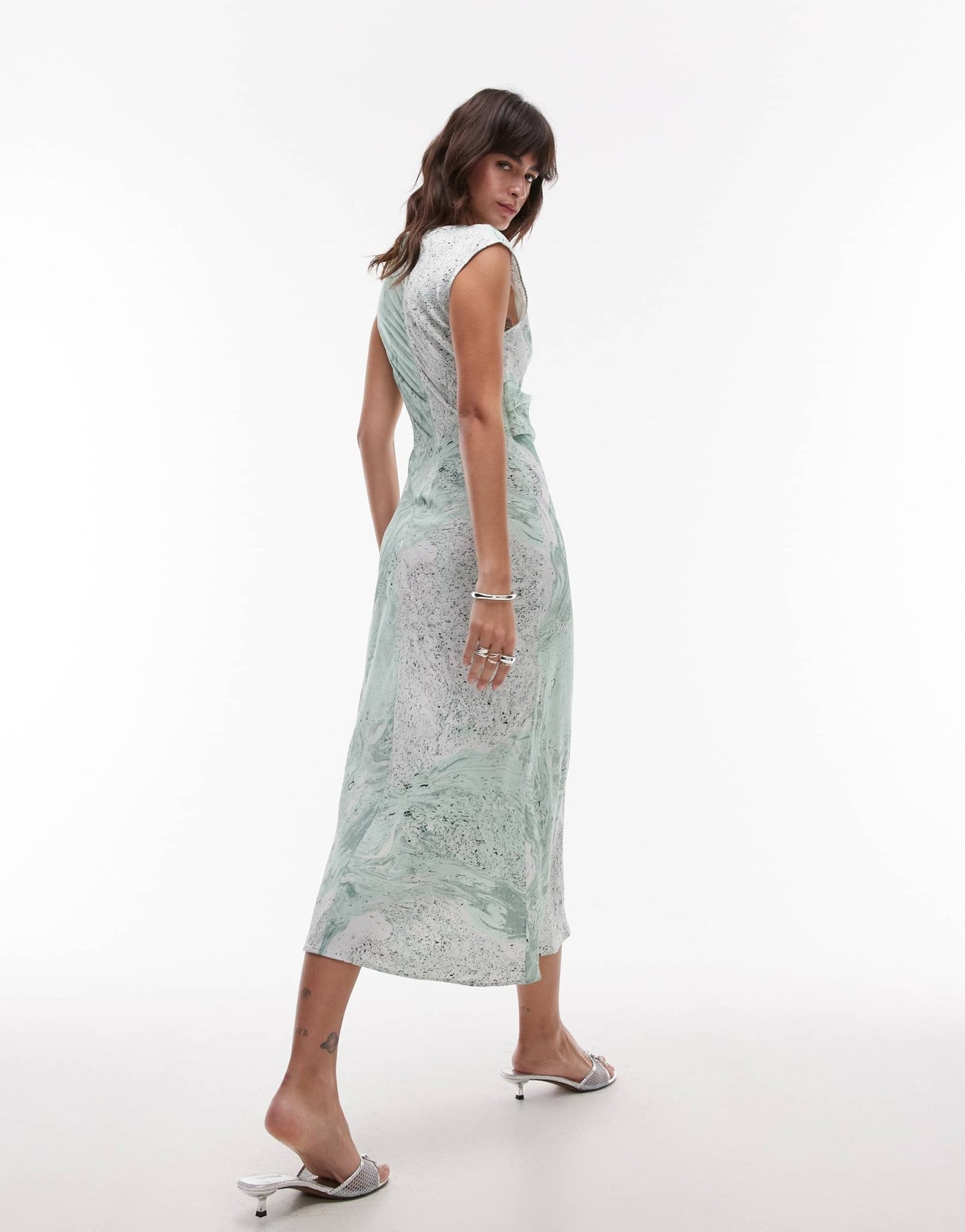 & Other Stories bias cut satin midi dress with drape detail in green oil print - ASOS Sample Sale EU Store