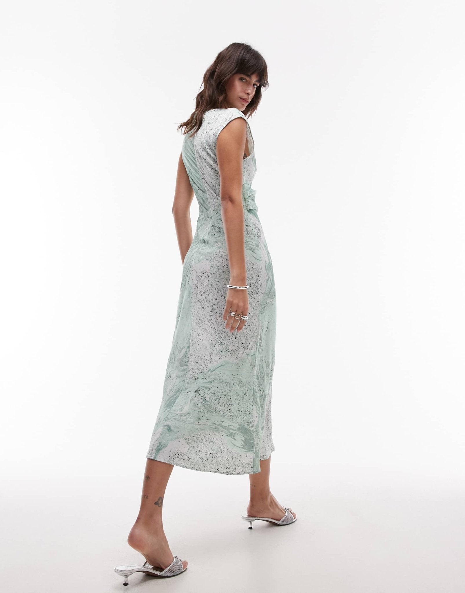 & Other Stories bias cut satin midi dress with drape detail in green oil print - ASOS Sample Sale EU Store