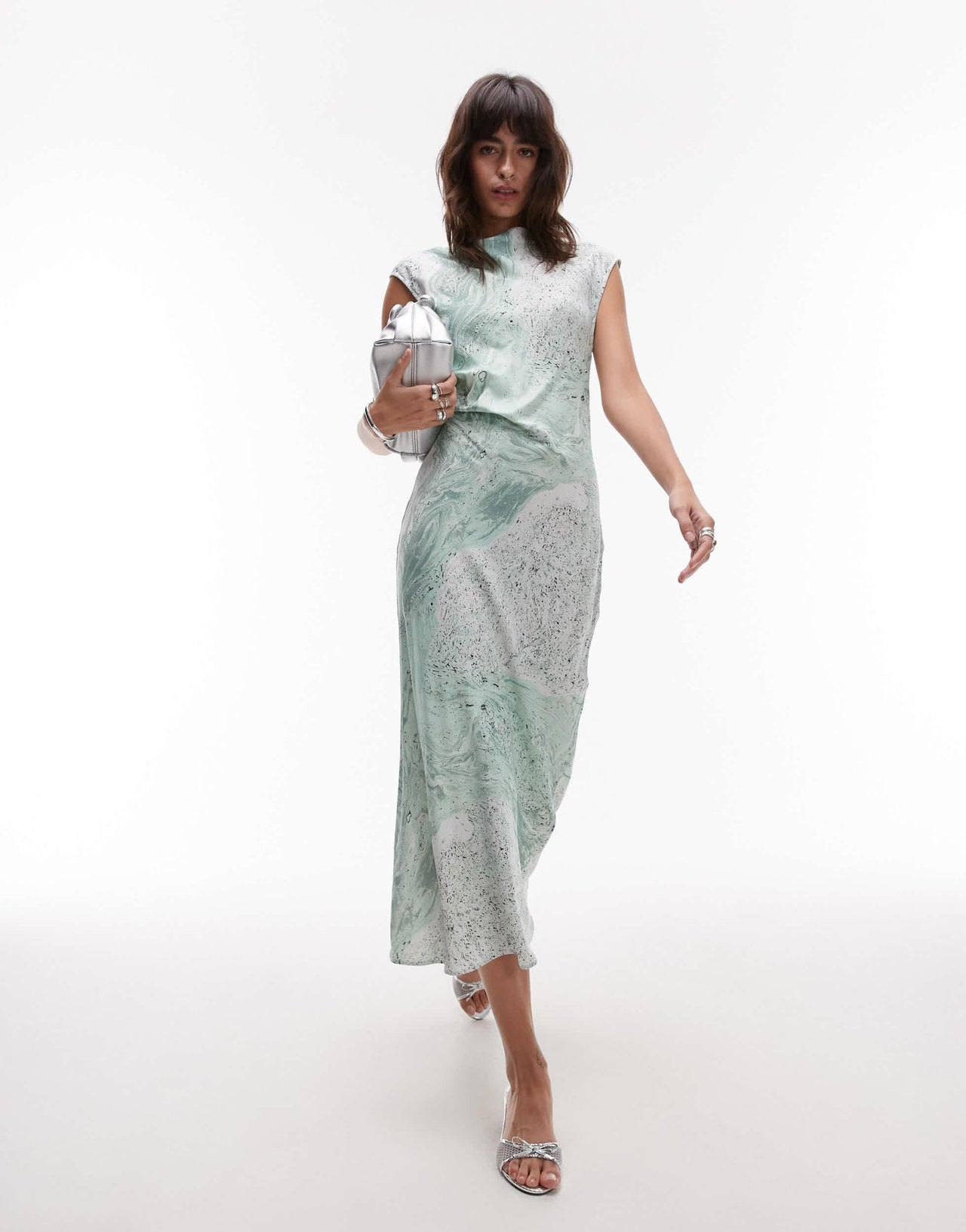 & Other Stories bias cut satin midi dress with drape detail in green oil print - ASOS Sample Sale EU Store