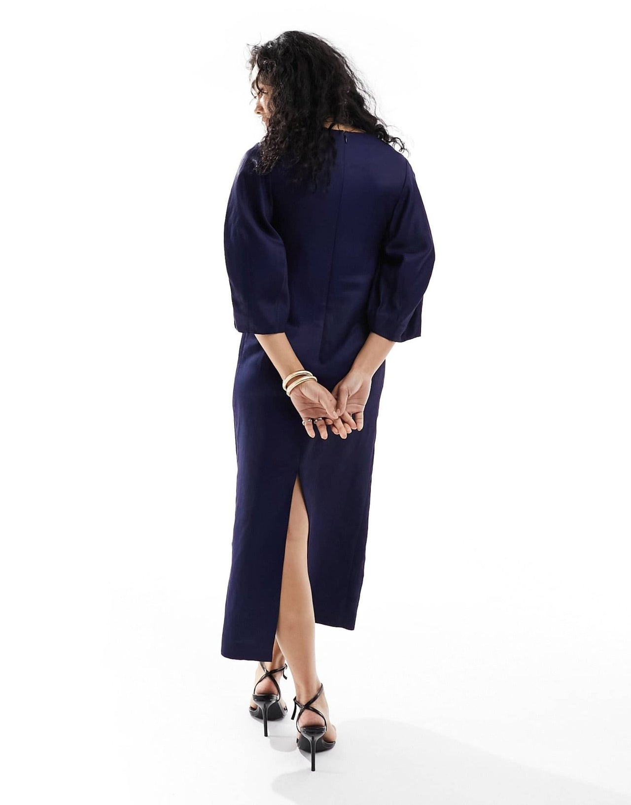 & Other Stories blend midaxi column dress with sculptural sleeves in dark blue - ASOS Sample Sale EU Store